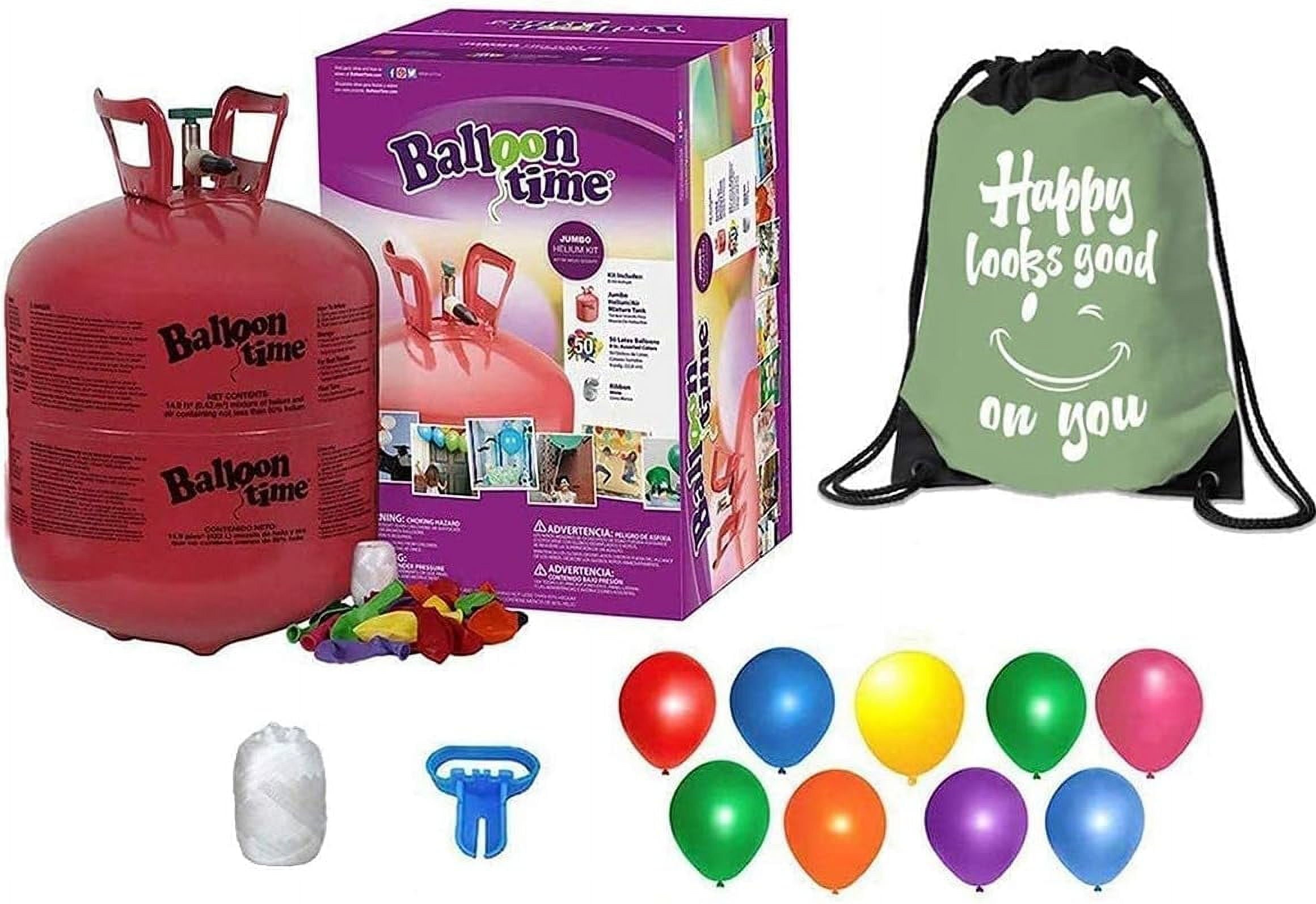 Balloon Time Disposable Helium Tank with Drawstring Backpack, 50 Balloons and Ribbon