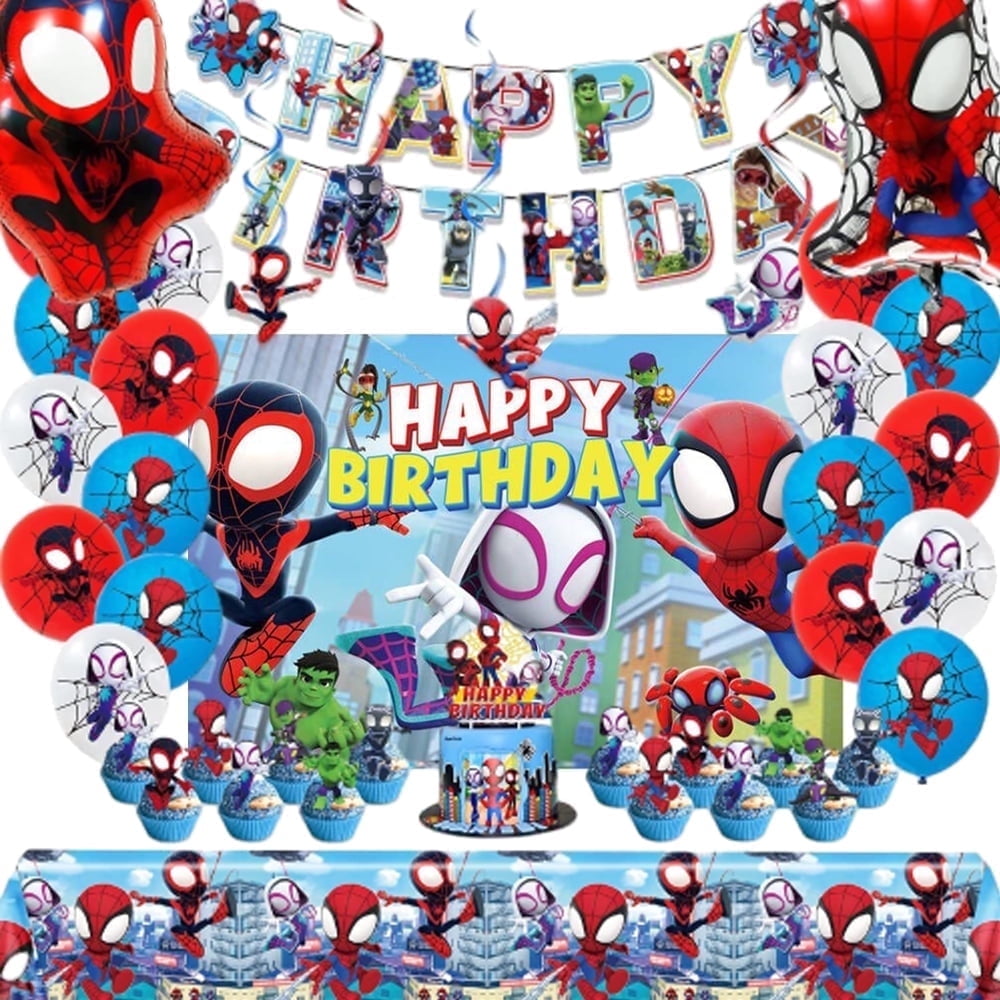 Spidey Birthday Decorations,Cartoon  Party Supplies Set Include Banner, Backdrop, Balloons, Hanging Swirls, Cake Cupcake Toppers, Tablecloth