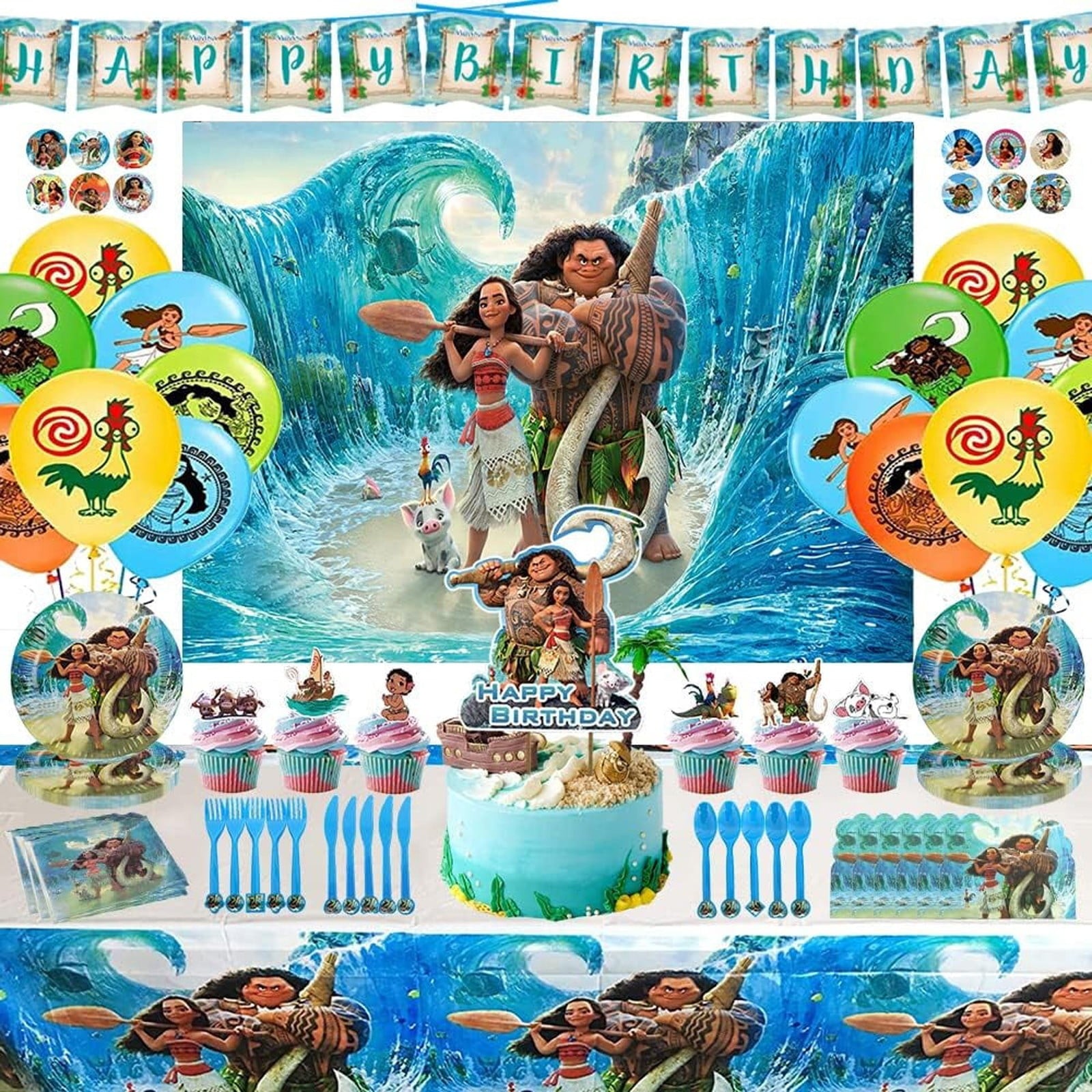 Bootesun 120PCS Moana 2 Birthday Decorations, Cute Cartoon Character Birthday Supplies, Party Supplies Set Include Banner, Balloons, Cake Cupcake Toppers, Moana 2 Birthday Party Decors for Teens Fans