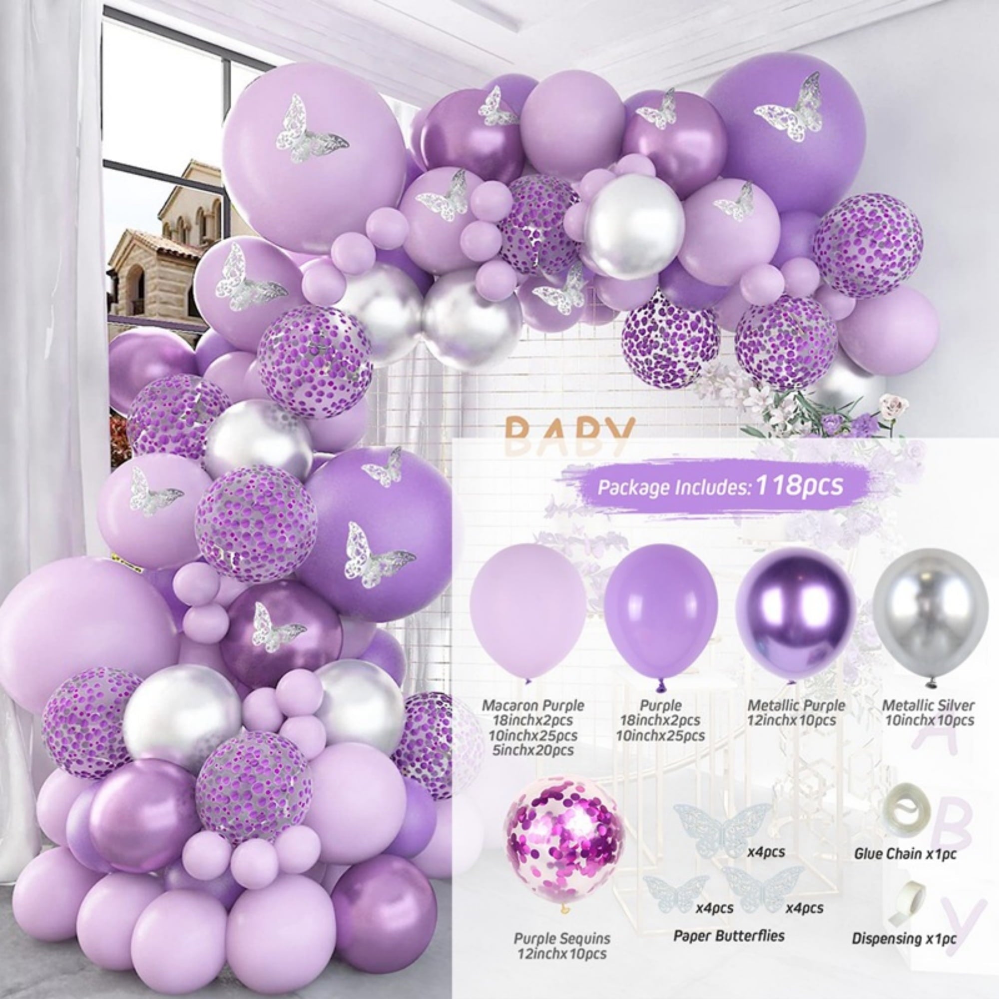 Butterfly Sequin Balloon Arch Kit - Colorful Latex Balloons & Decorative Scraps For Birthday & Anniversary Parties