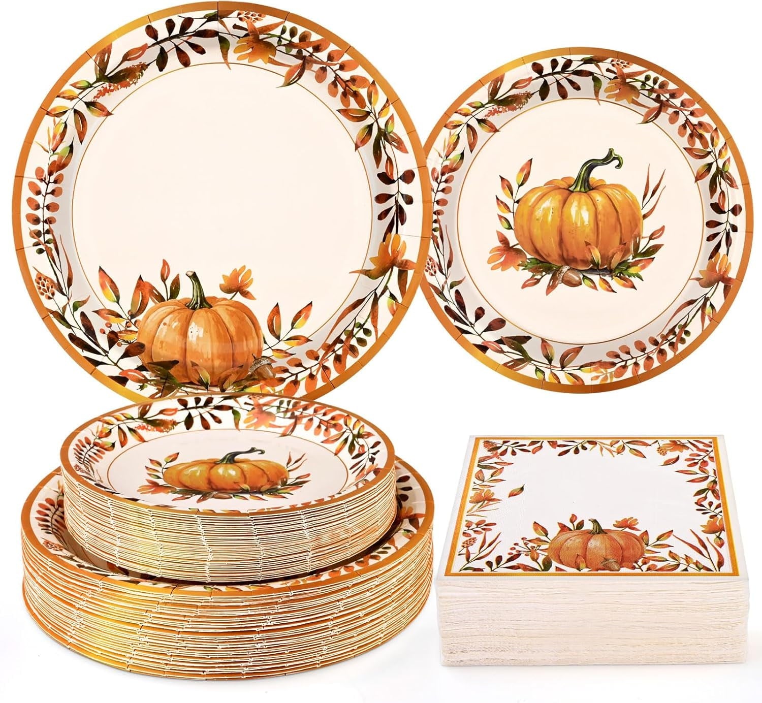 Caltero 200 PCS Fall Thanksgiving Paper Plates and Napkins, Pumpkin Wreath Disposable Dinnerware Set Serve 50 Party Supplies