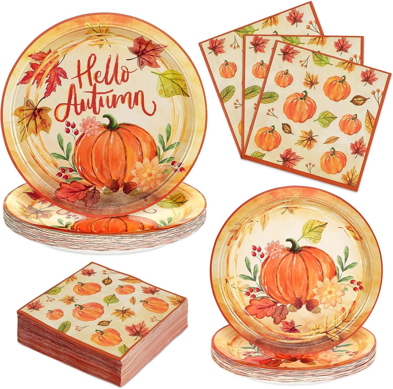 Caltero 200 PCS Fall Plates and Napkins Set Serves 50 Guests, Disposable Fall Pumpkin Party Tableware for Autumn Harvest Thanksgiving Party Supplies
