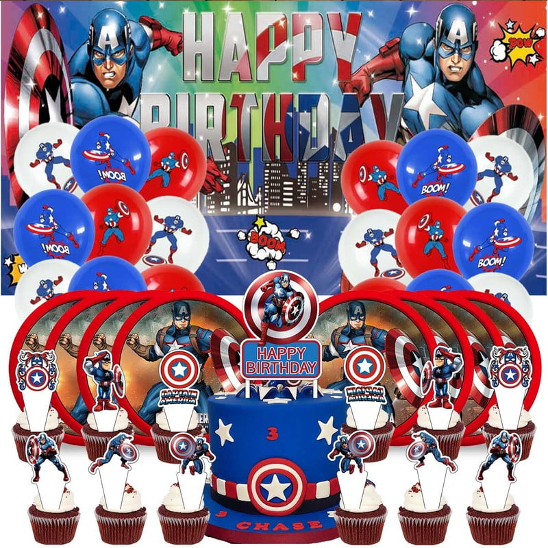 Captain America Birthday Party Supplies Balloons Plates Decoration Cake Topper Decor Tableware Banner Backdrop