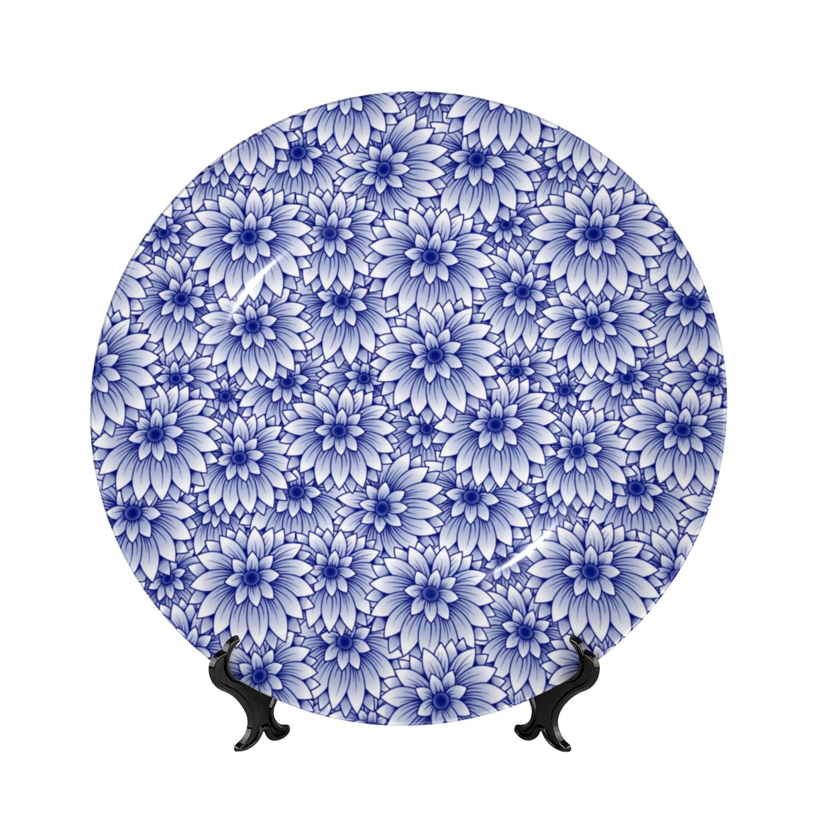 Cauagu Blue And White Flowers Print Bone China Decorative Plate, Wall Mount Plate Holiday Decor Decorative Ceramic Plates with Stand Elegant Household Plates Decorative-6in