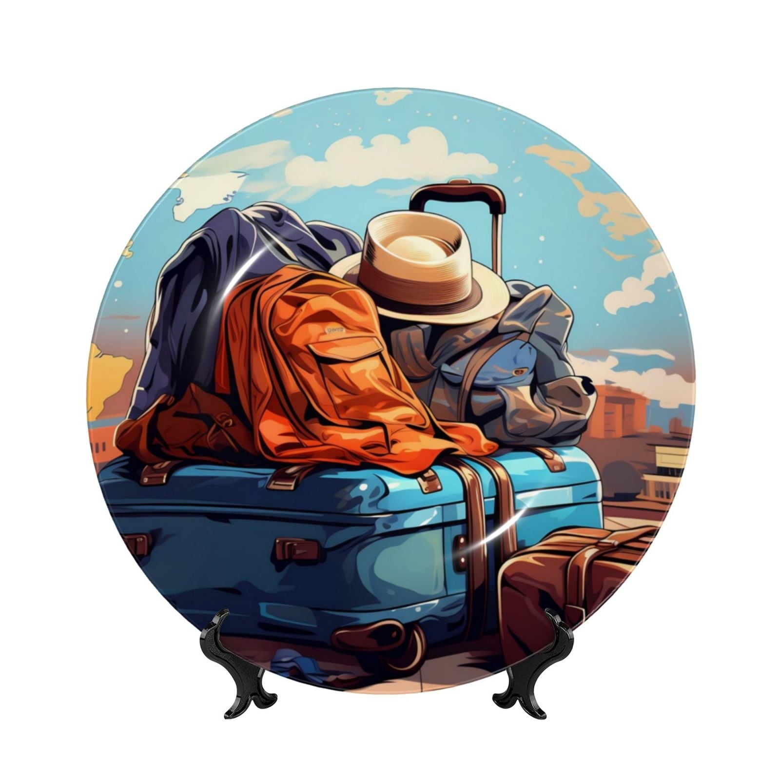 Cauagu Colorful Travel Luggage Gear Print Bone China Decorative Plate, Wall Mount Plate Holiday Decor Decorative Ceramic Plates with Stand Elegant Household Plates Decorative-6in