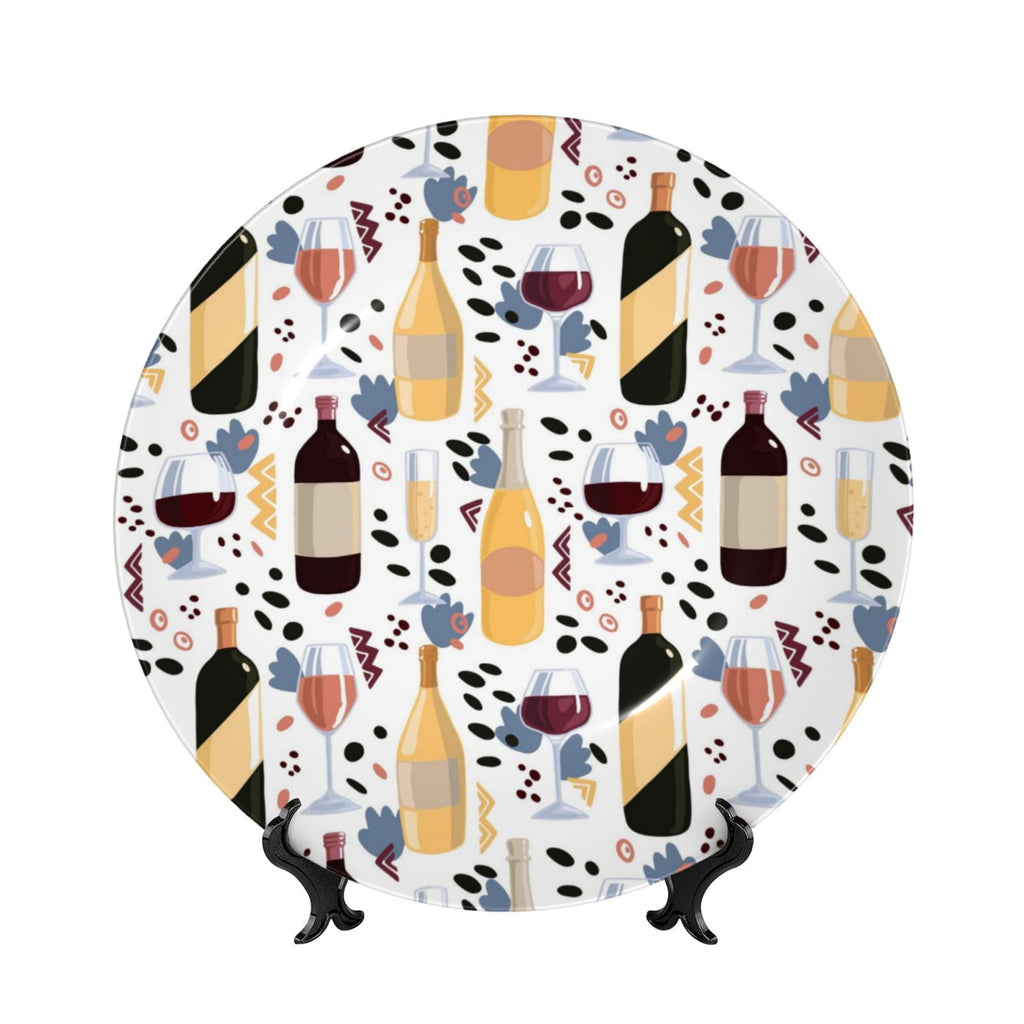 Cauagu Wine Bottles Glasses Print Bone China Decorative Plate, Wall Mount Plate Holiday Decor Decorative Ceramic Plates with Stand Elegant Household Plates Decorative-6in