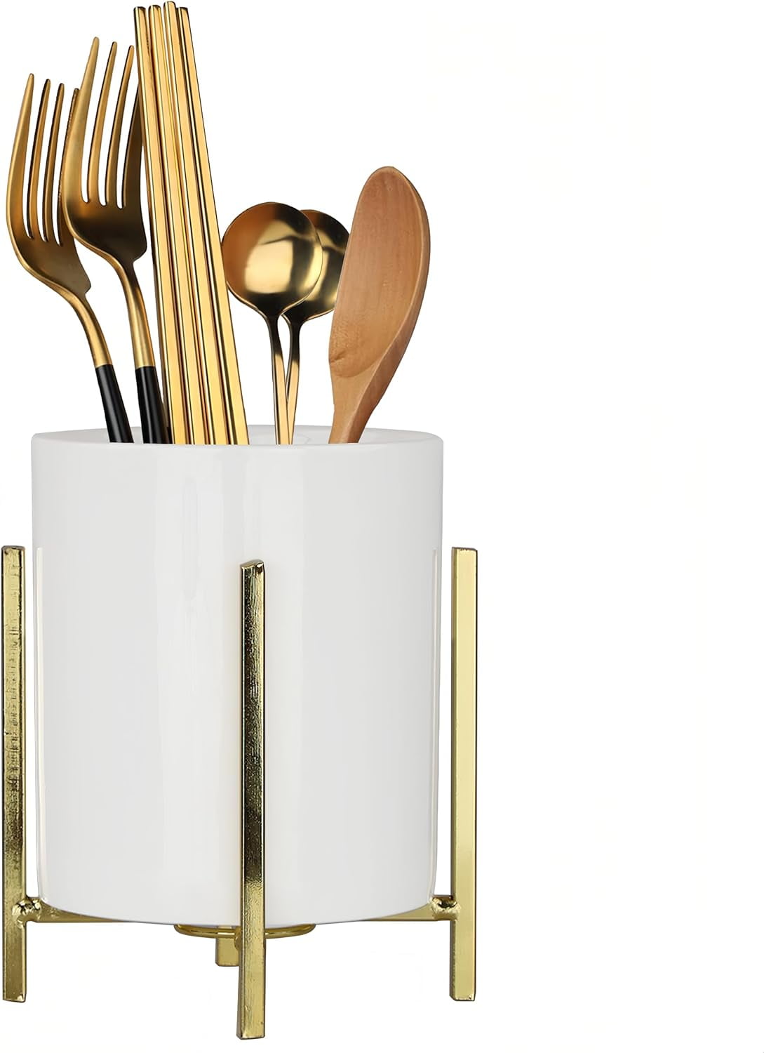 Farmhouse Flatware Holder for Dinner Table, Kitchen Holder for Serving Utensils, Decorative Cutlery Utensil Holder for Kitchen or Parties, Cup with Silver Trim, 1 Pcs