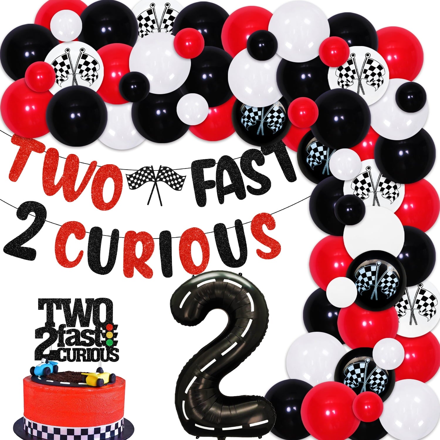 Cheereveal Racing Car 2nd Birthday Decoration Kit, 50 Balloons, Banner & Topper