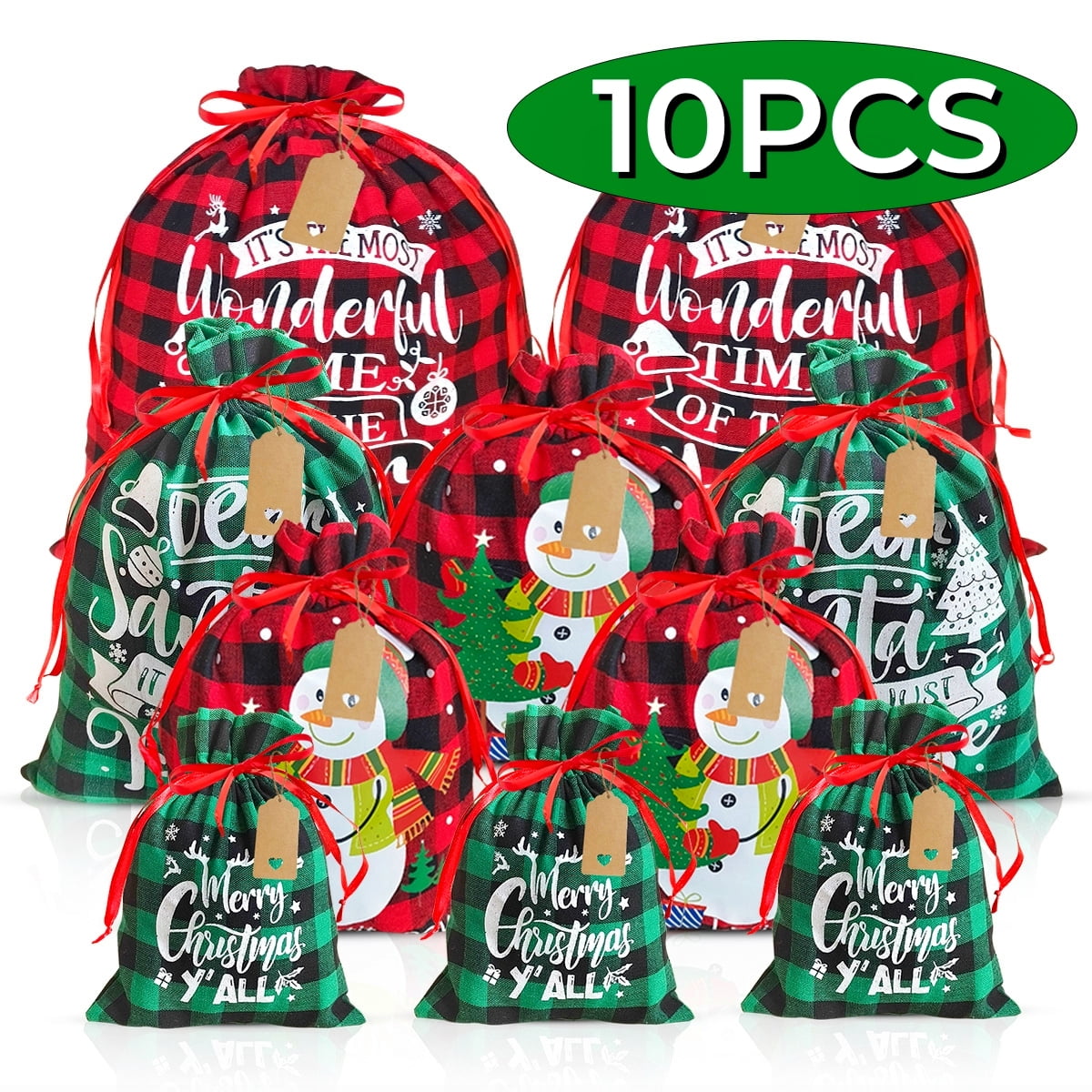 Christmas Bags Christmas Gift Bags Santa Sacks Large Buffalo Reusable Fabric Drawstring Gift Pouches for Xmas Party Favor Red Green 10Pcs