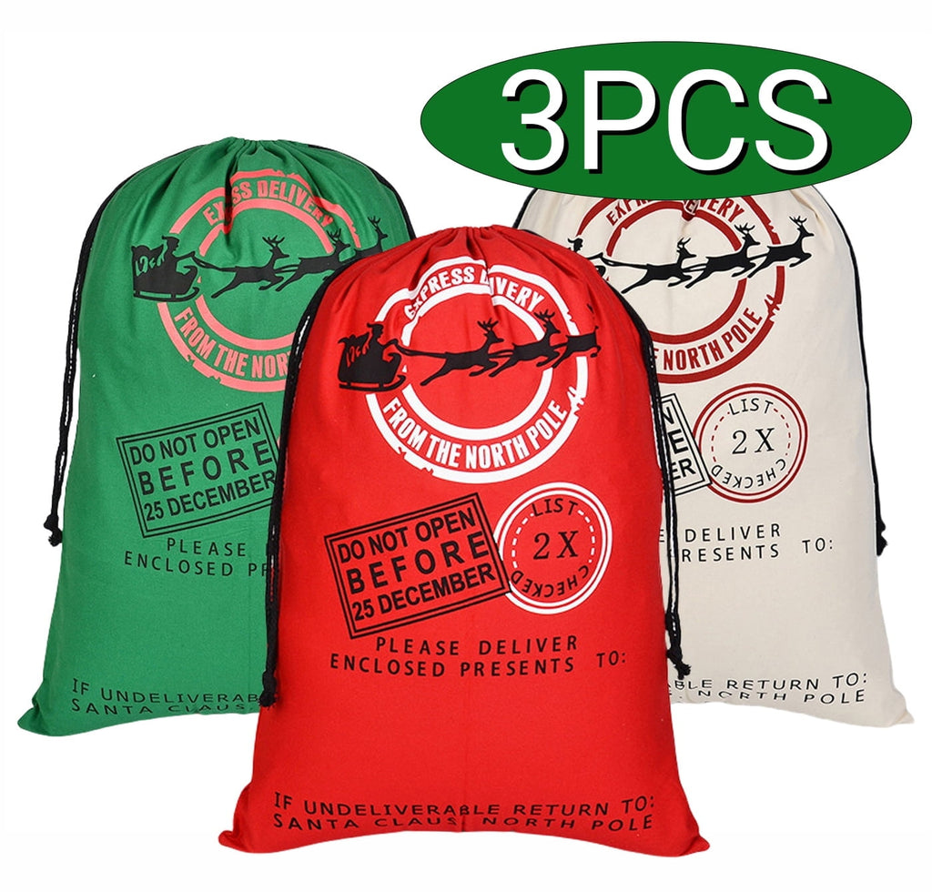 Christmas Bags Gift Sacks Drawstring Large Reusable Burlap Xmas Santa Sacks Gift Bags for Package Storage Party Supplies 3-Pack Design1
