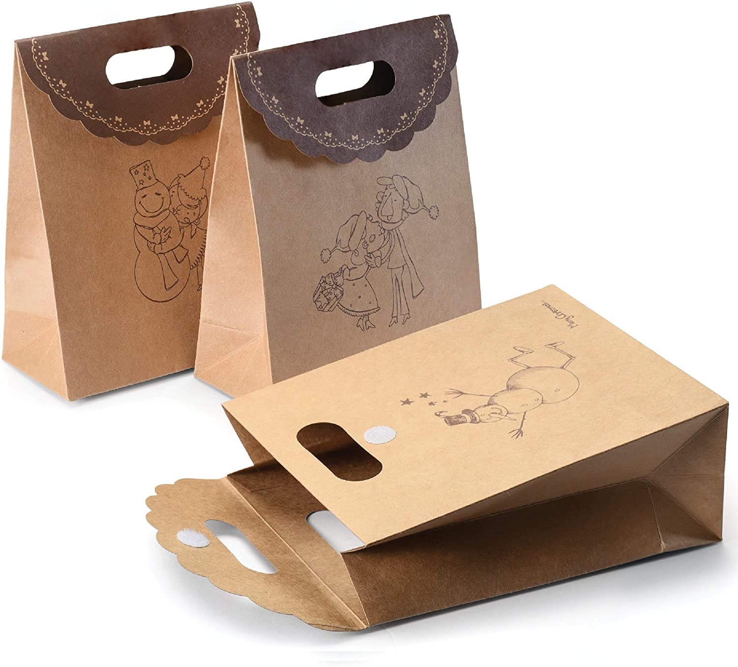 Christmas Gift Bags - 12 Pack Medium Fold Over Brown Kraft Christmas Bags for Gifts, Holiday Favors and Christmas Goodies