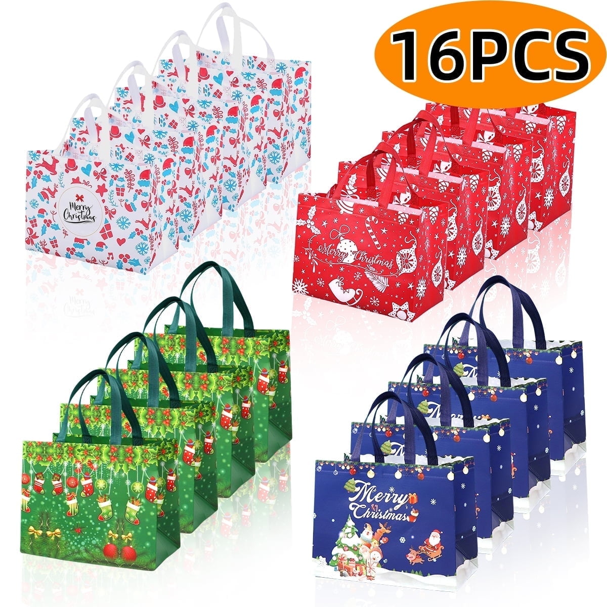 Christmas Gift Bags with Handle Large Reusable Holiday Shopping Bags for Xmas Gifts Wrapping Party Supplies 12.6×9.84×6.69 in 16Pcs
