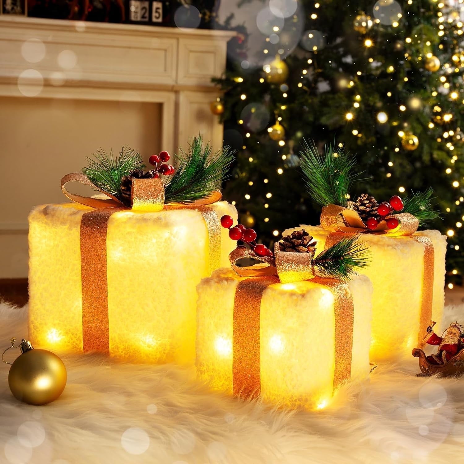 Christmas Lighted Boxes Decorations, Quntis 8 Modes 3 Lighted Boxes, Champagne Gold Gift Boxes Christmas Decorations for Christmas Tree Indoor/Outdoor Clampsted Gift Box Three -Piece