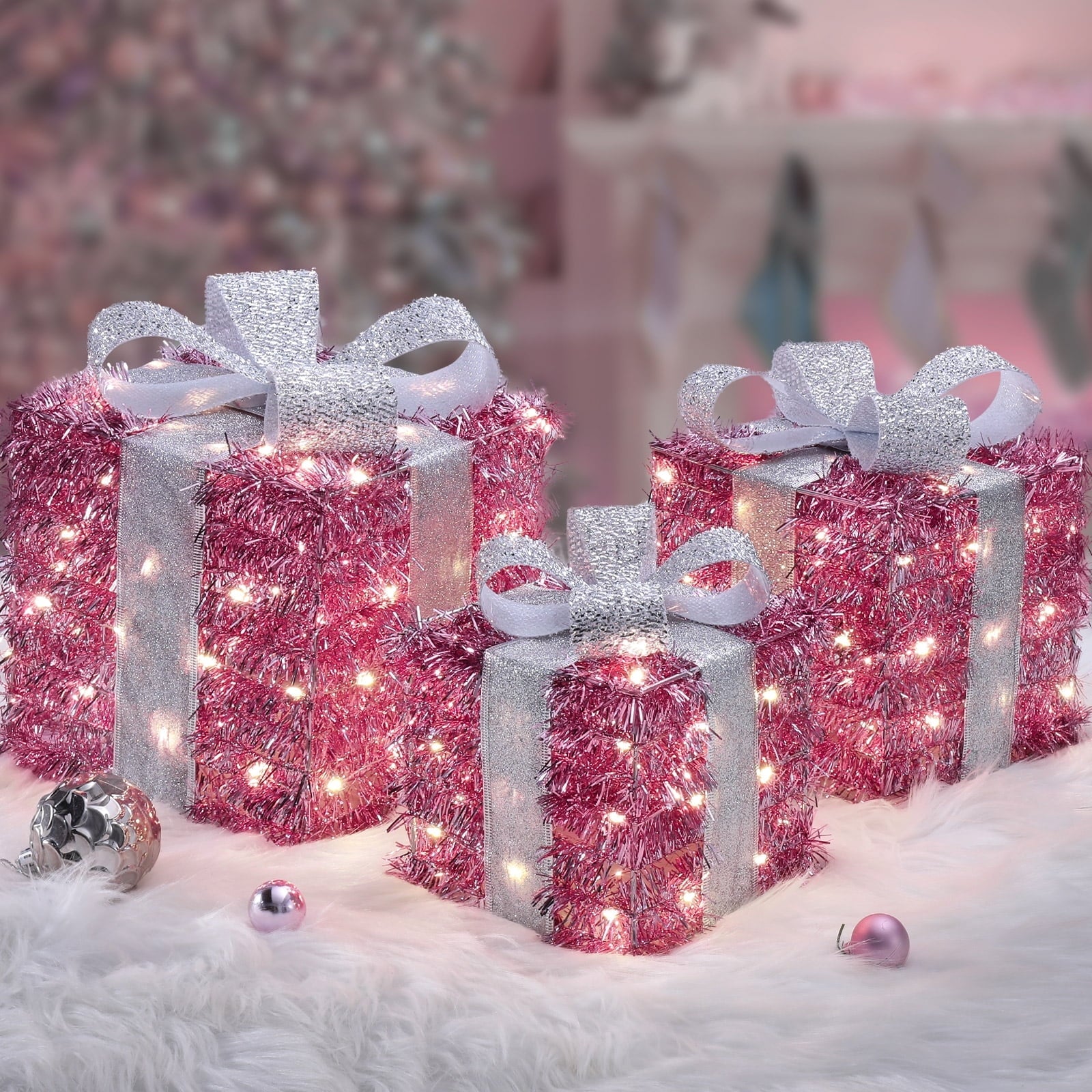 Christmas Lighted Boxes Decorations, Quntis 8 Modes 3 Lighted Boxes, Champagne Gold Gift Boxes Christmas Decorations for Christmas Tree Indoor/Outdoor Clampsted Gift Box Three -Piece