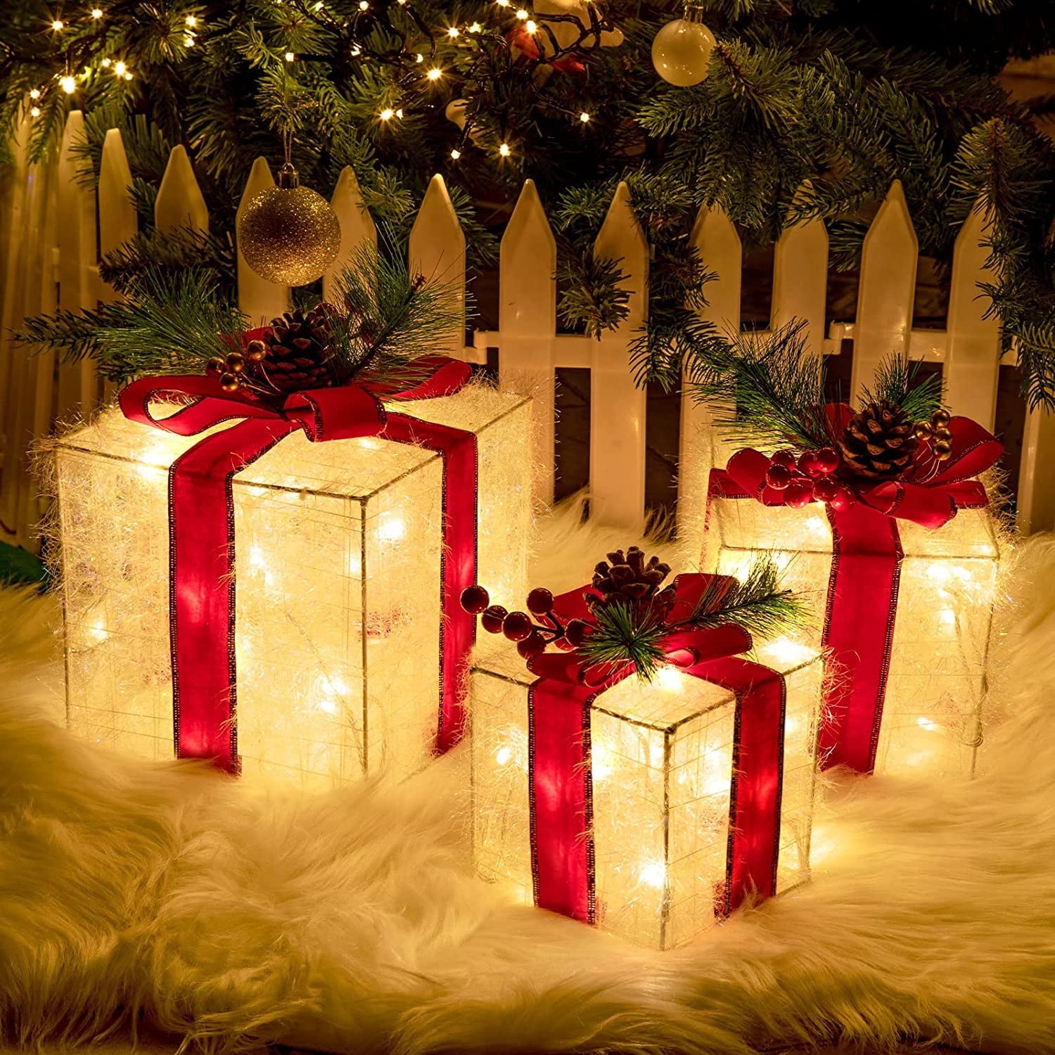Christmas Lighted Boxes Decorations, Quntis 8 Modes 3 Lighted Boxes, Champagne Gold Gift Boxes Christmas Decorations for Christmas Tree Indoor/Outdoor Clampsted Gift Box Three -Piece