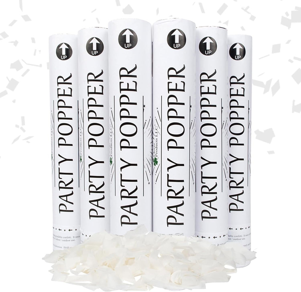 Clover Products Premium Wedding Confetti Cannon – (6 Pack) White Biodegradable Paper Confetti Popper | Launches Confetti 20 – 25 feet | Party Poppers