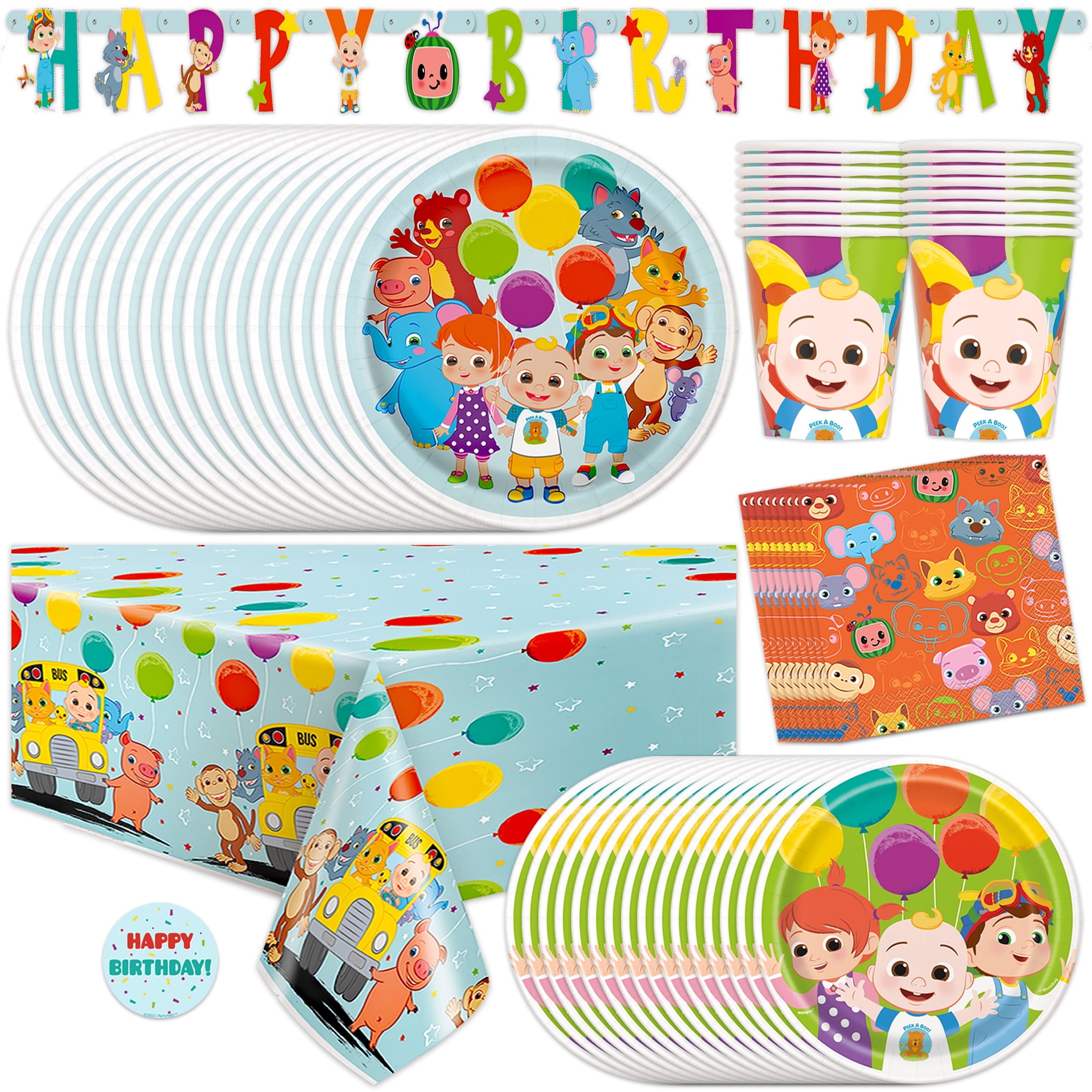 CoComelon Birthday Party Supplies and Decorations - Balloons, Backdrop, Banner, Tablecloth, Plates, Cups, Napkins, Sticker
