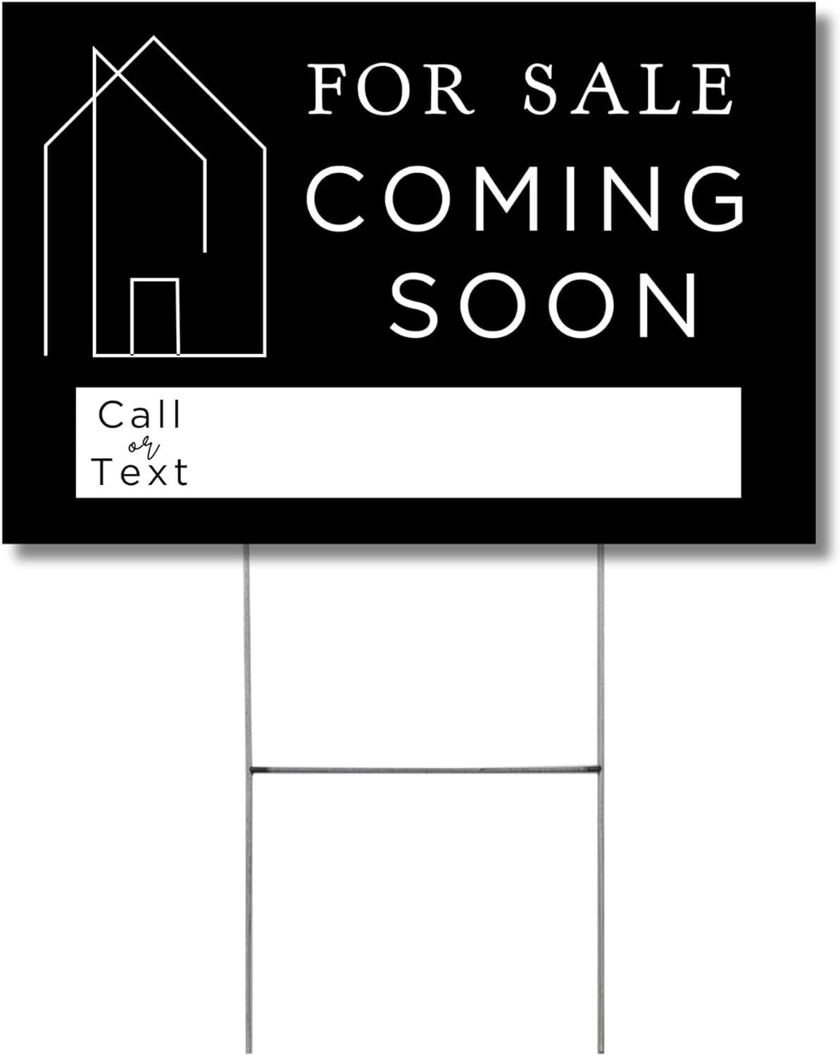 Coming Soon Real Estate Sign for Home  12 x 18 Yard Sign with H Frame Stake Home Double Sided Open House Realtor For Sale by Owner Classy Black White Minimalist Modern