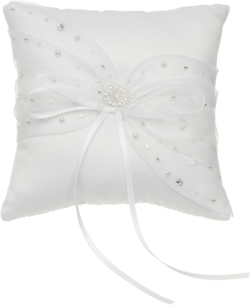 Crystal Beads Lace Bow Wedding Ring Bearer Pillow 6.5 Inch x 6.5 Inch - White RP015W