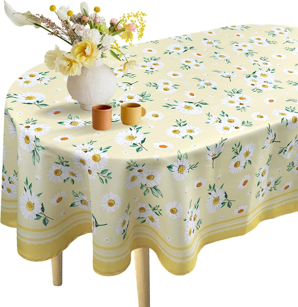Daisy Floral Oval Tablecloth 60 x 84, Yellow White Floral Spring Tablecloth Table Cover, Elegant Country Table Cloths for Parties, Kitchen Dining Table,Polyester Fabric Flower Tablecloth, Daisy Decor