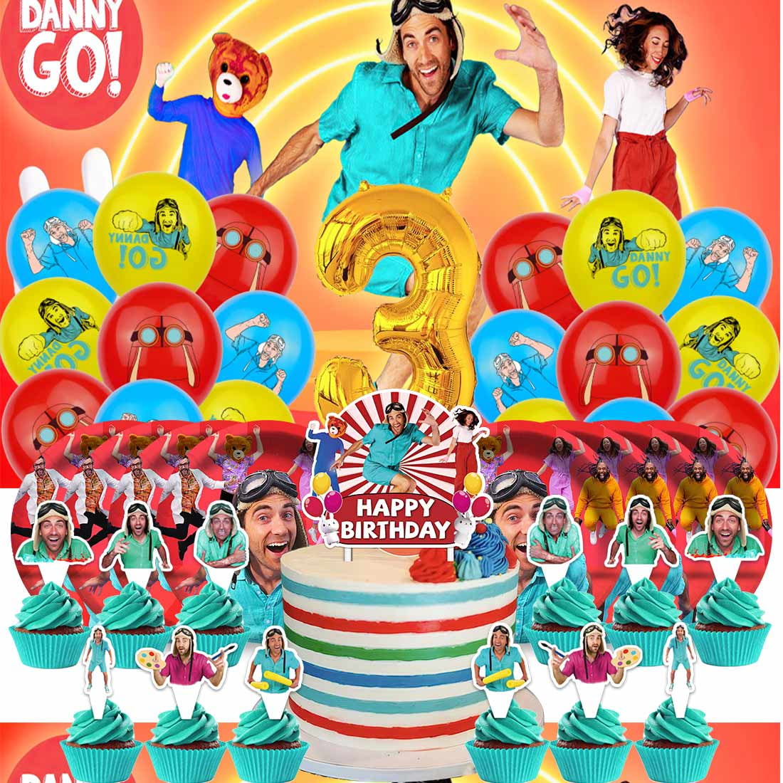 Danny go Balloons Party Supplies 3rd Decor Tableware Birthday Cake Topper Decorations Banner Backdrop