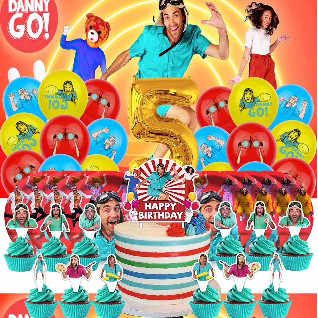 Danny go Balloons Party Supplies 3rd Decor Tableware Birthday Cake Topper Decorations Banner Backdrop