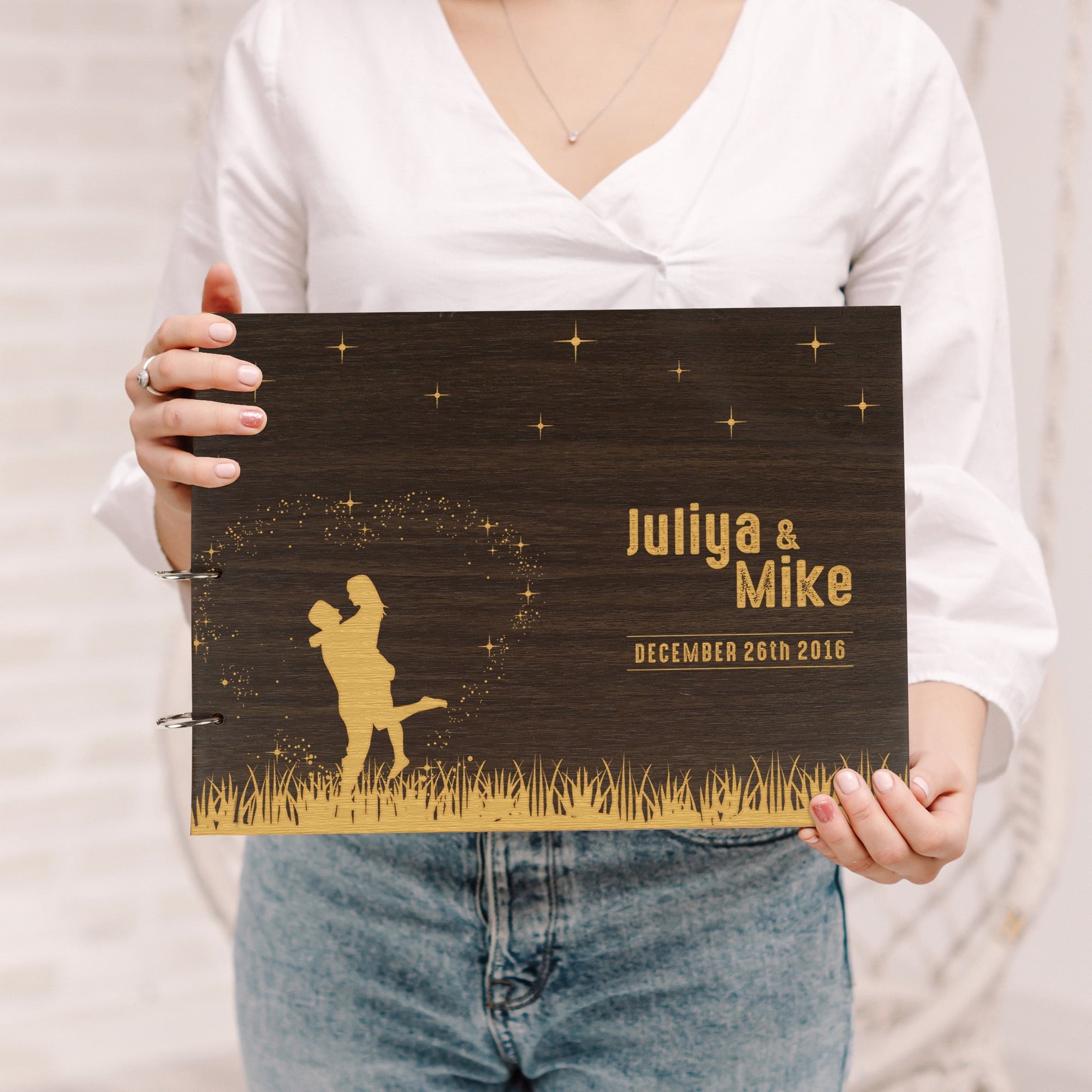 Darling Souvenir Personalized Engraved Laser Cut Wedding Guest Book Wooden Cover Sign-in Book Registry Guestbook Scrapbook-PF