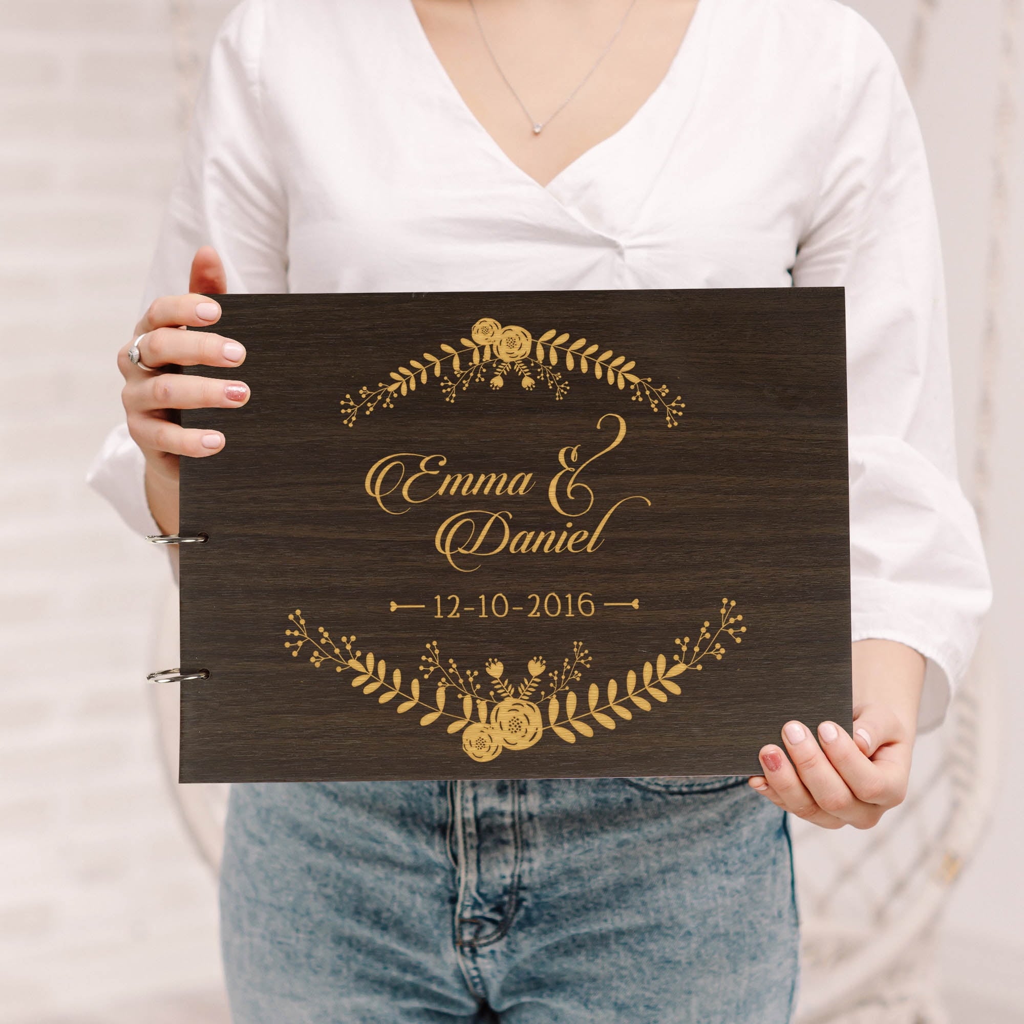 Darling Souvenir Personalized Engraved Laser Cut Wedding Guest Book Wooden Cover Sign-in Book Registry Guestbook Scrapbook-NB