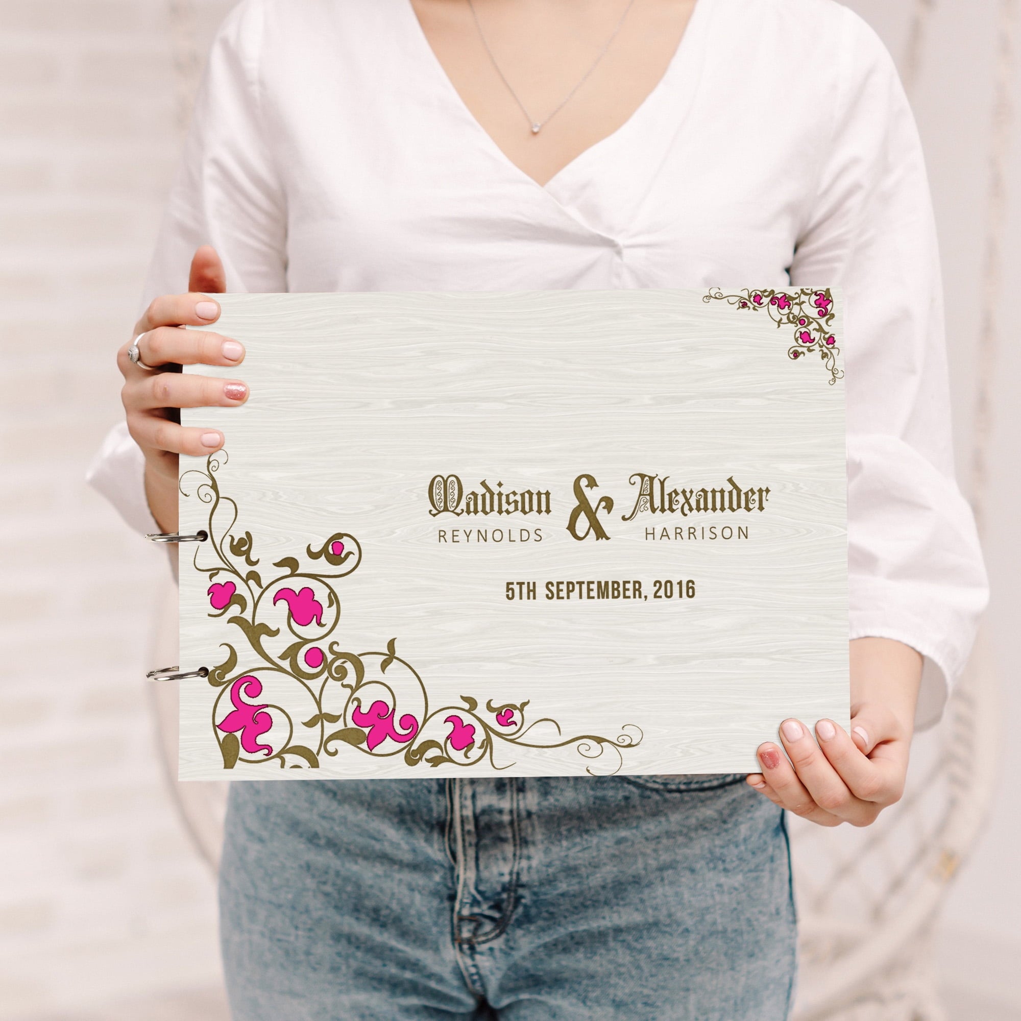 Darling Souvenir Personalized Engraved Laser Cut Wedding Guest Book Wooden Cover Sign-in Book Registry Guestbook Scrapbook-H4
