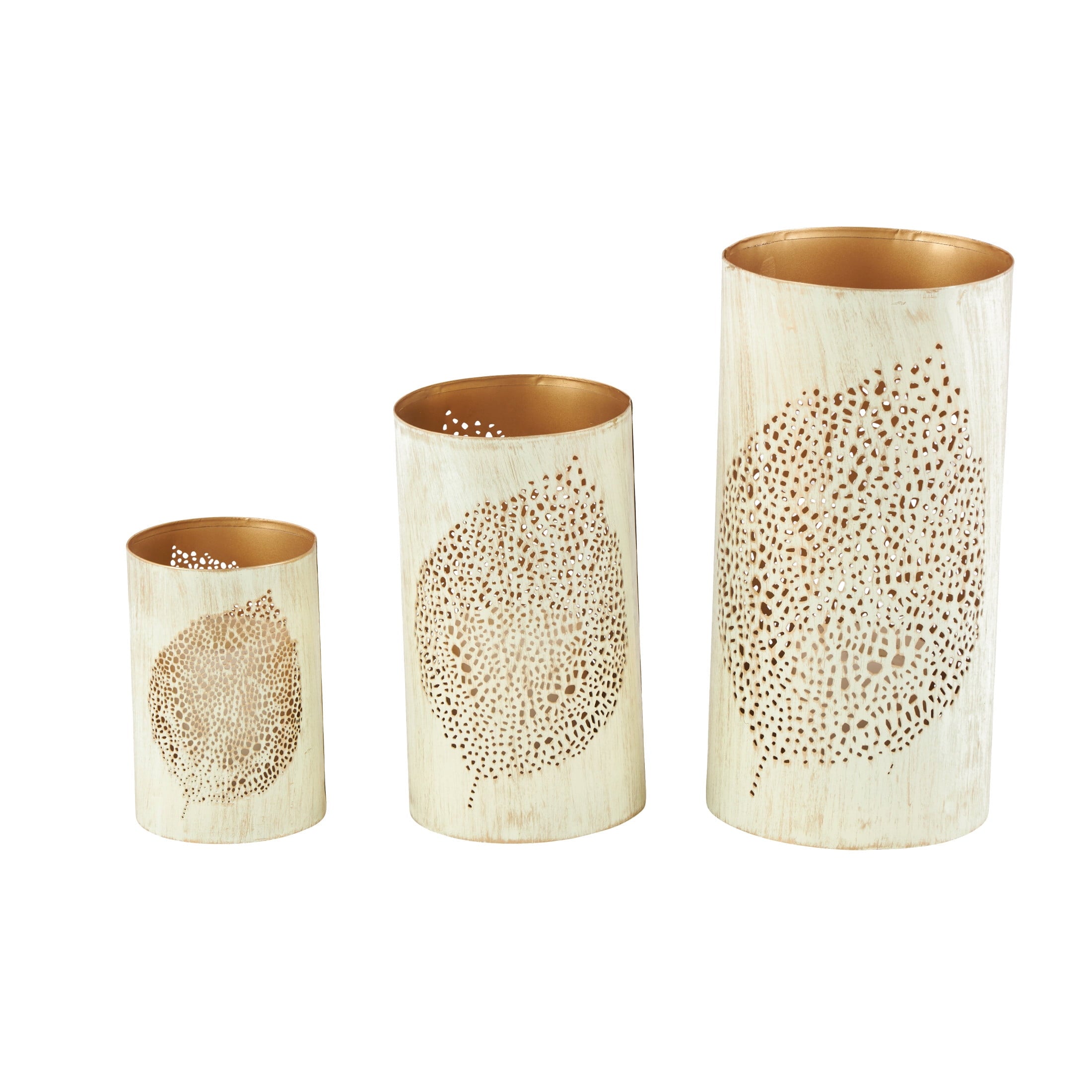 DecMode 3 Holder Bronze Metal Tree Branch Cutout Candle Lantern with Gold Interior, Set of 3