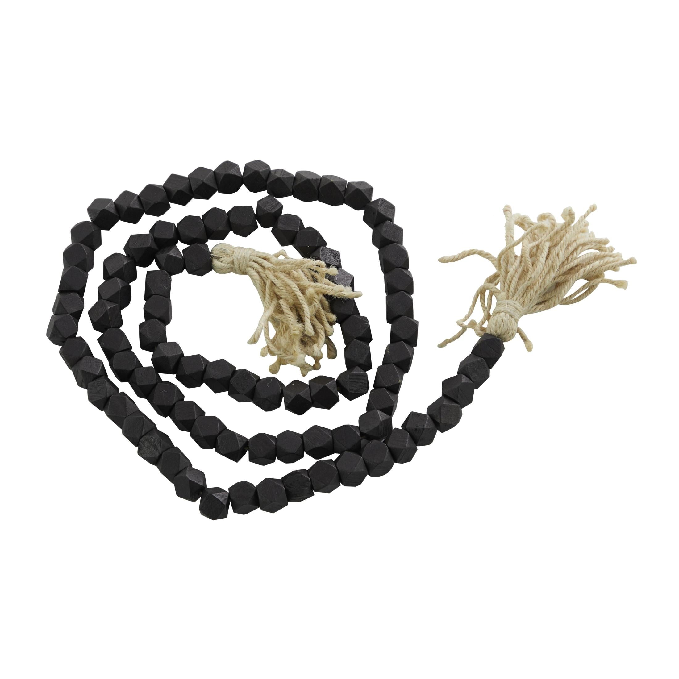 DecMode Green Wood Bohemian Garland Décor with Geometric Bead Details and Cream Cotton Tassel, 81"L