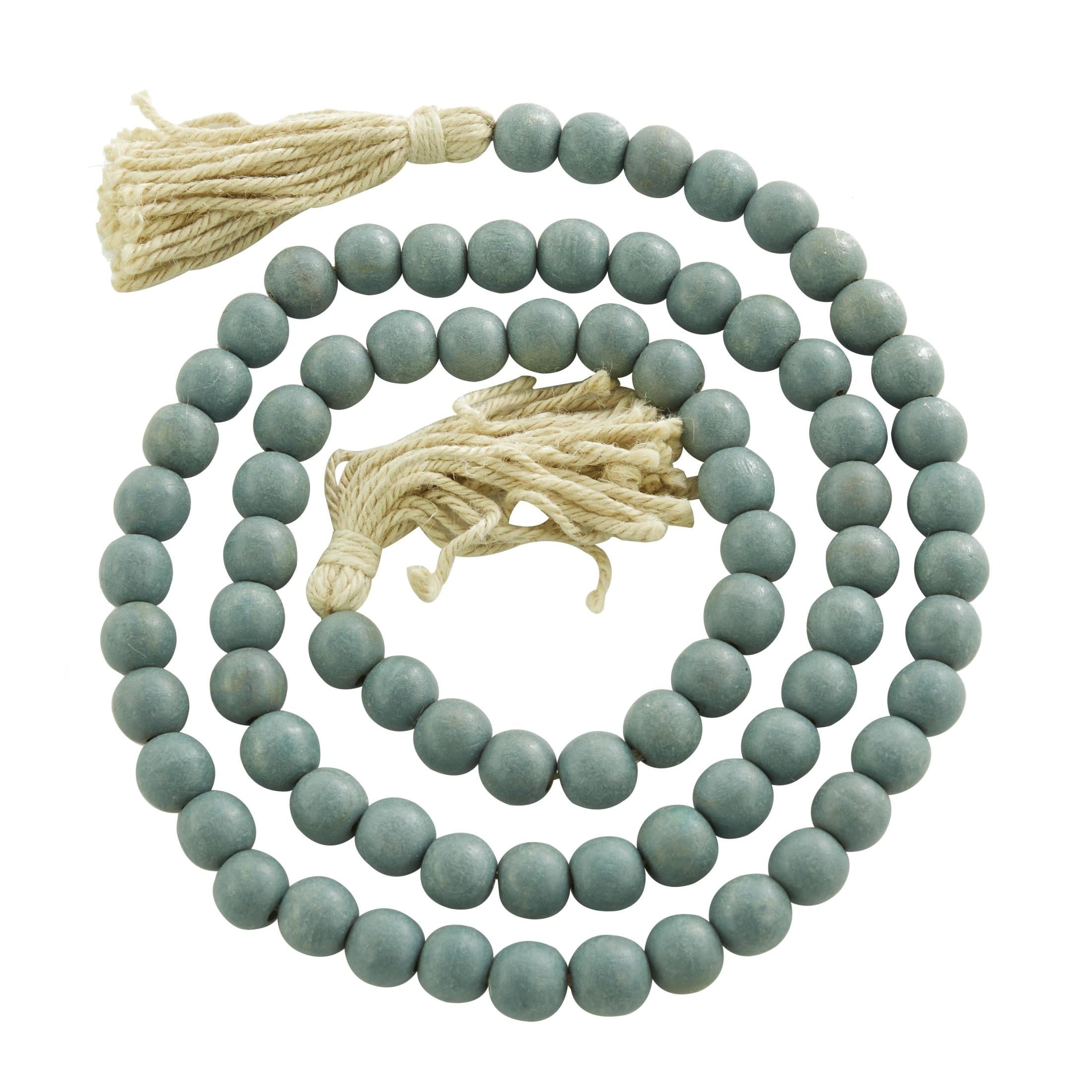 DecMode Green Wood Bohemian Garland Décor with Geometric Bead Details and Cream Cotton Tassel, 81"L
