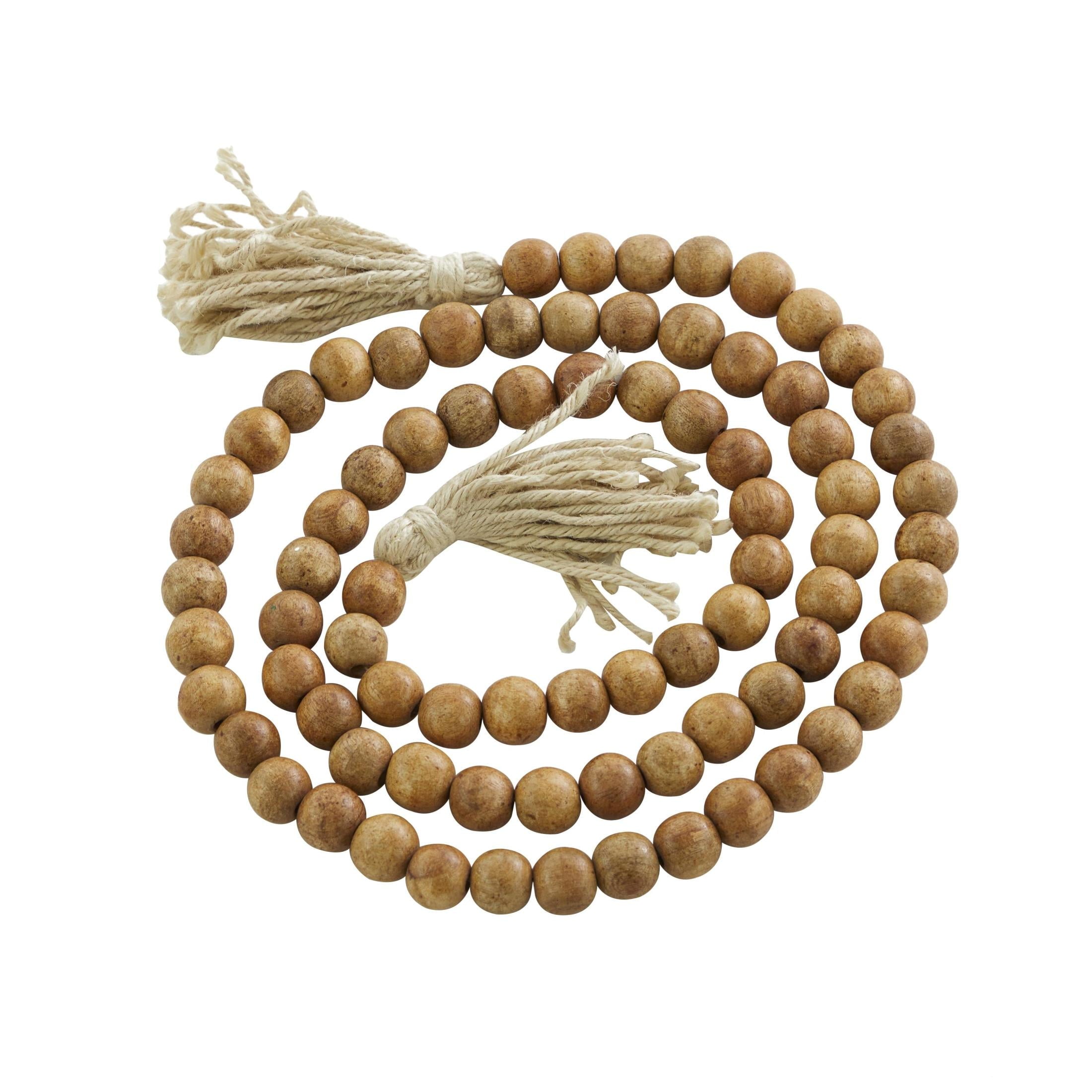 DecMode Green Wood Bohemian Garland Décor with Geometric Bead Details and Cream Cotton Tassel, 81"L