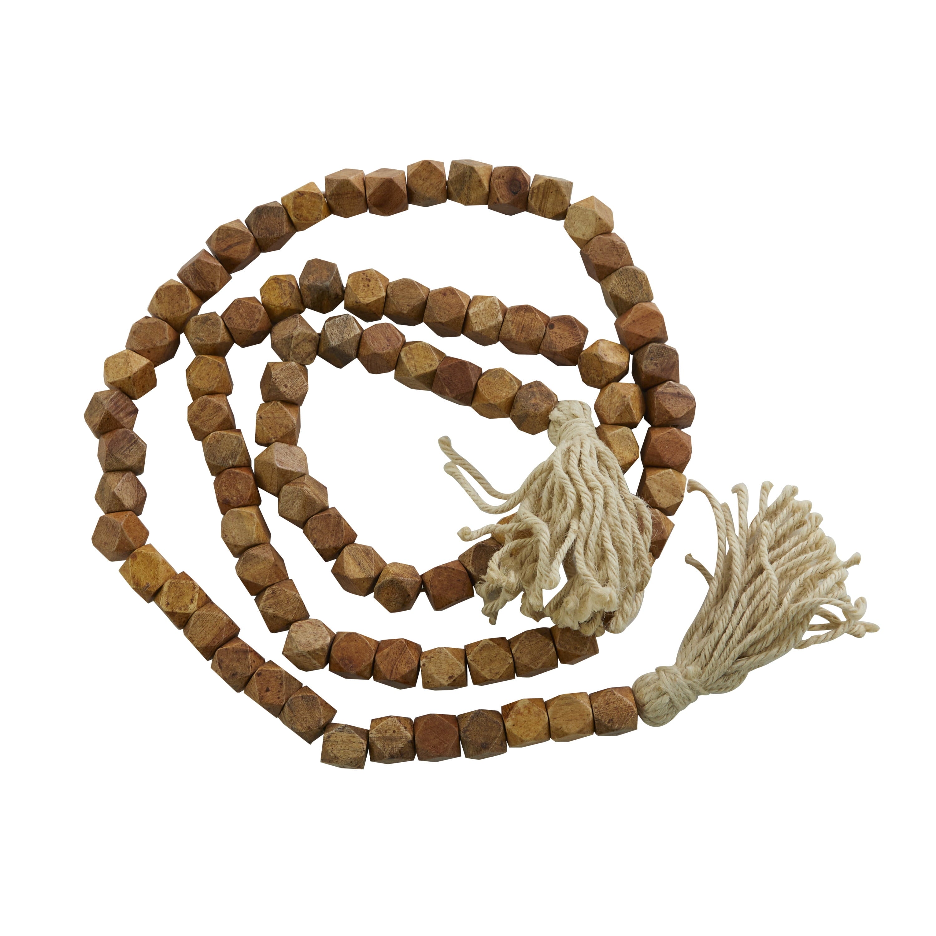 DecMode Green Wood Bohemian Garland Décor with Geometric Bead Details and Cream Cotton Tassel, 81"L