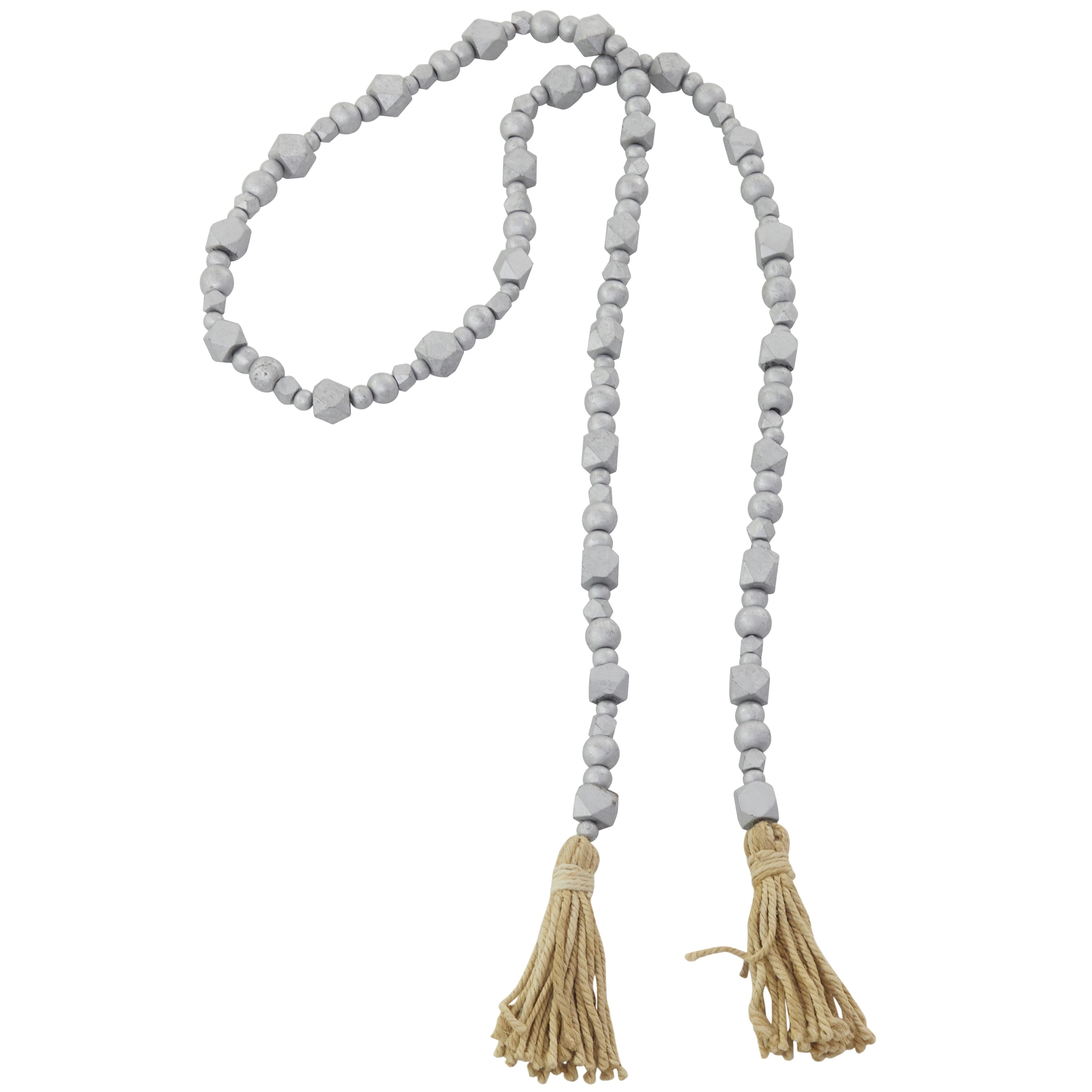 DecMode Green Wood Bohemian Garland Décor with Geometric Bead Details and Cream Cotton Tassel, 81"L