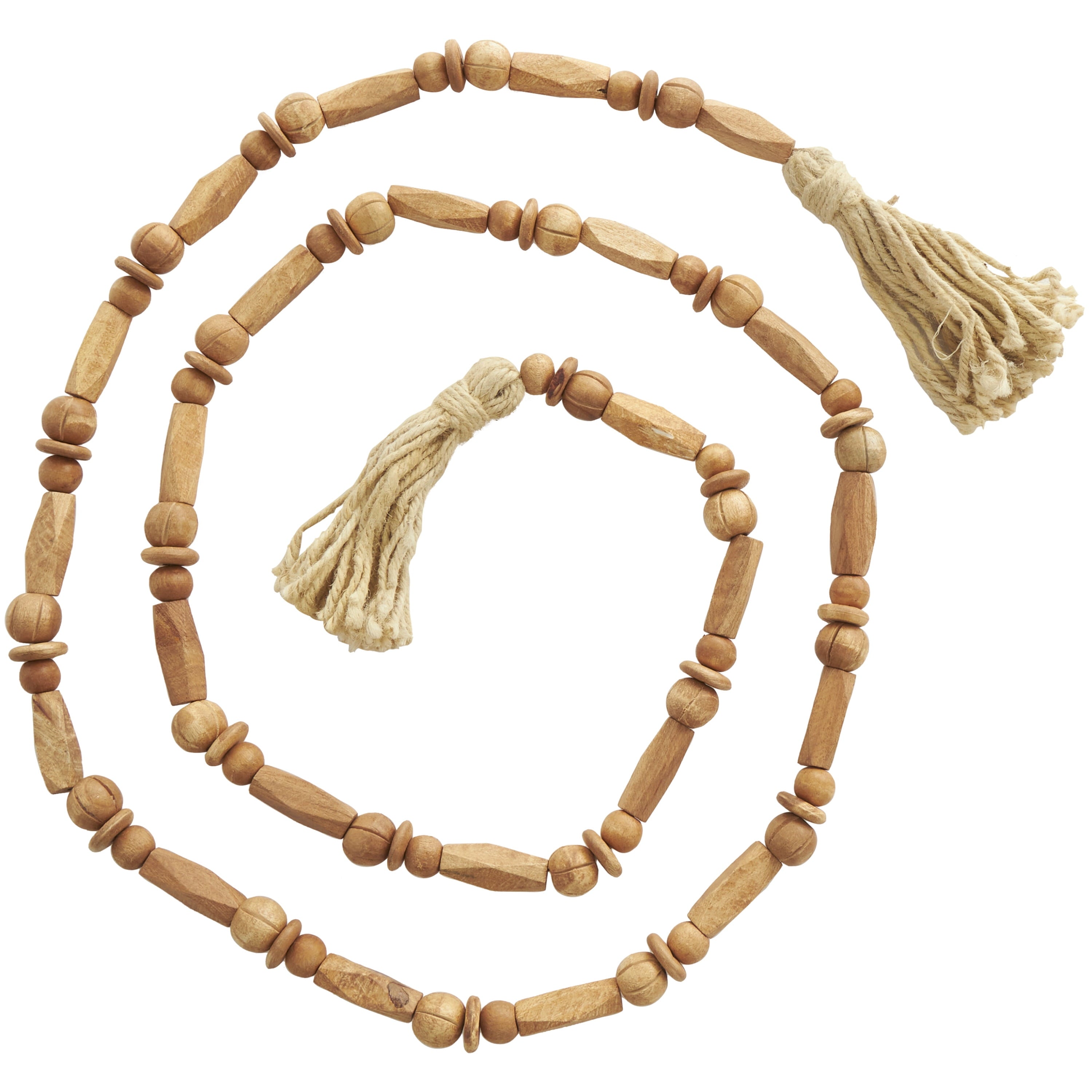 DecMode Green Wood Bohemian Garland Décor with Geometric Bead Details and Cream Cotton Tassel, 81"L