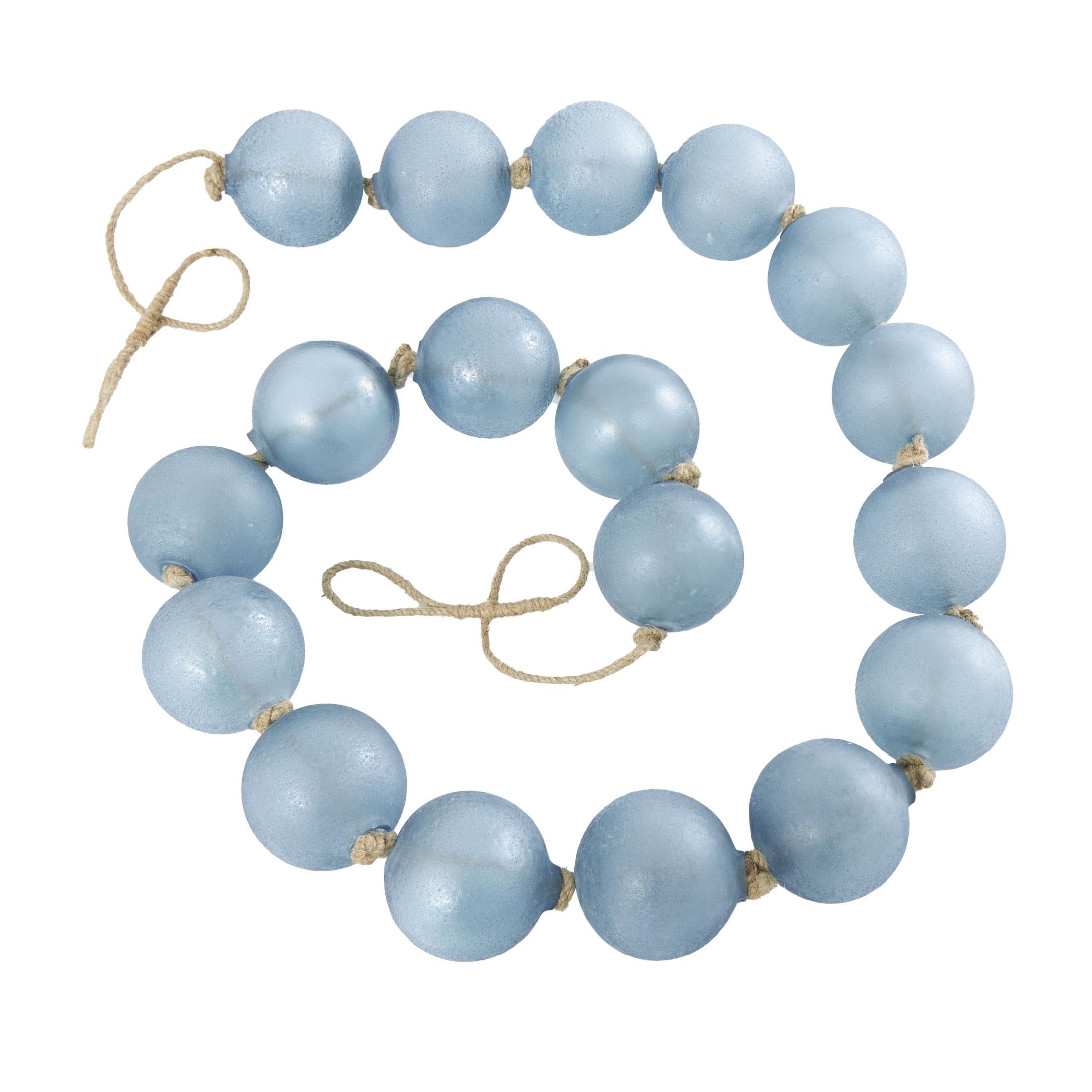 DecMode Handmade Round Extra Long Frosted Orb White Glass Garland with Tassel with Knotted Jute Rope