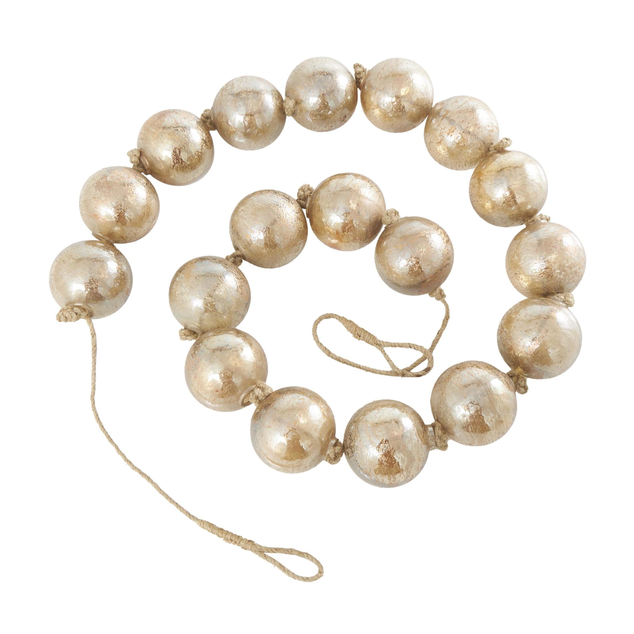 DecMode Handmade Round Extra Long Frosted Orb White Glass Garland with Tassel with Knotted Jute Rope