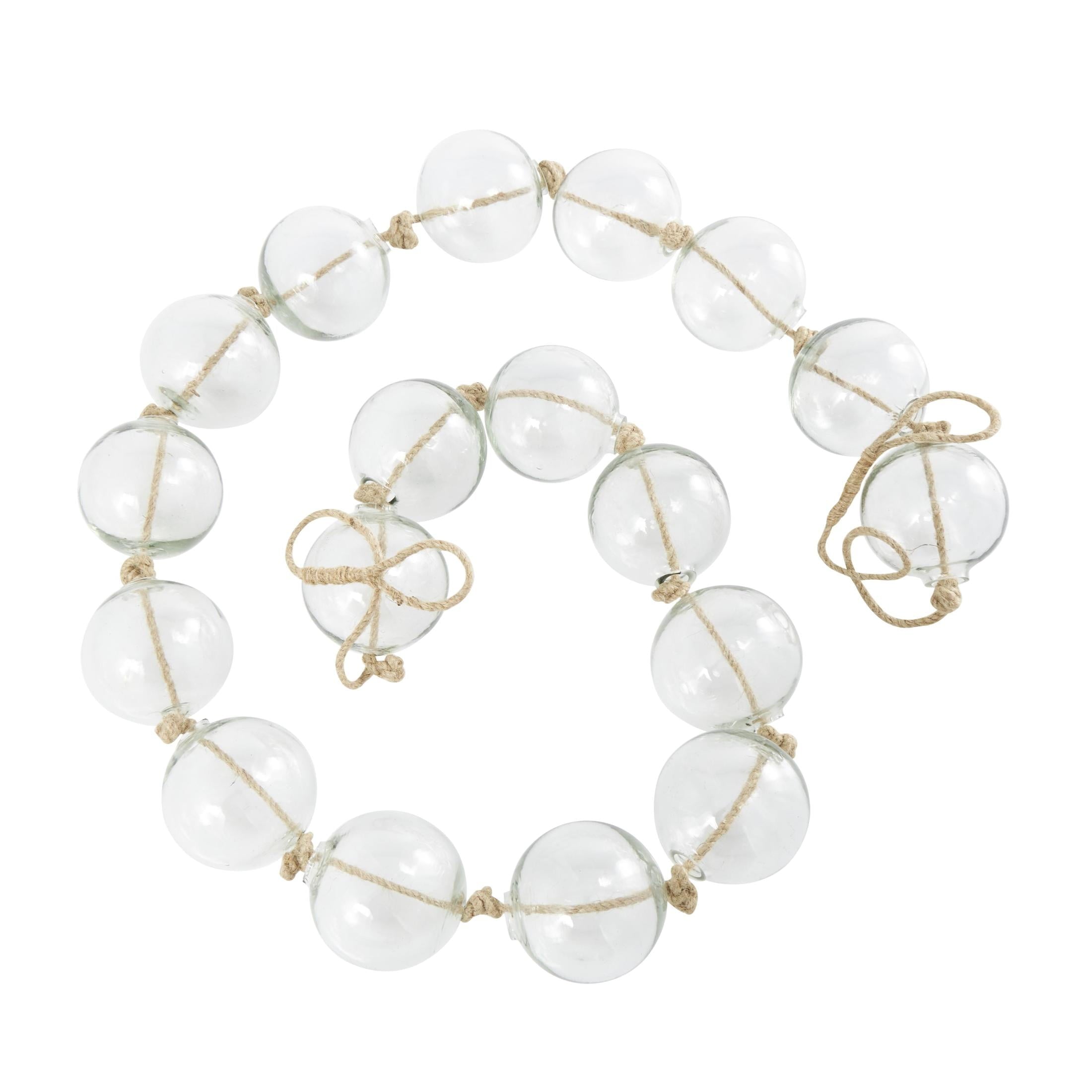 DecMode Handmade Round Extra Long Frosted Orb White Glass Garland with Tassel with Knotted Jute Rope