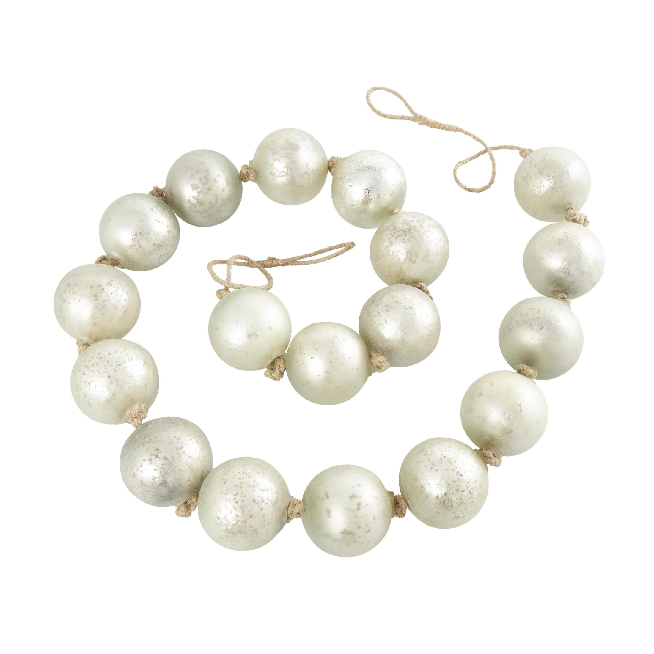 DecMode Handmade Round Extra Long Frosted Orb White Glass Garland with Tassel with Knotted Jute Rope