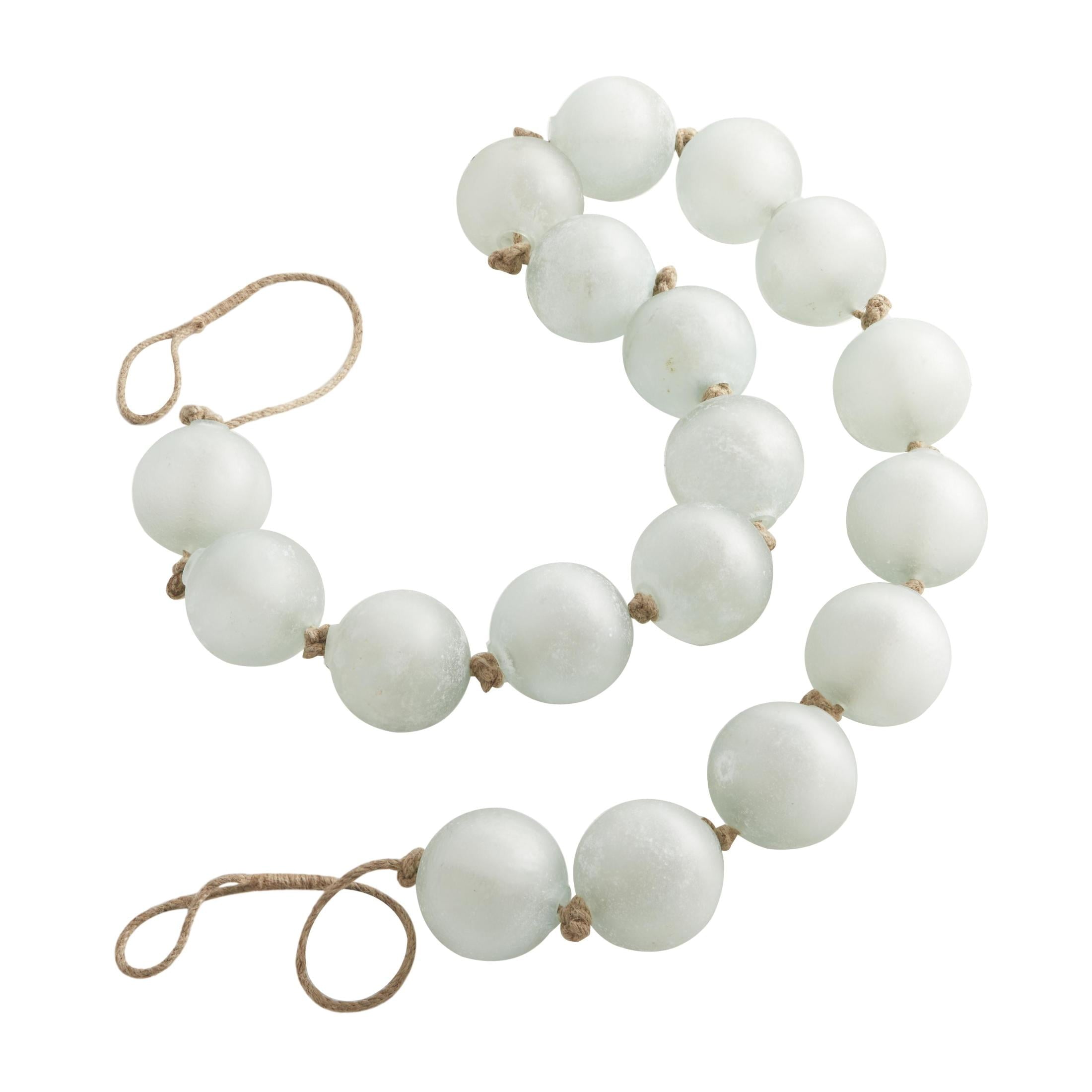 DecMode Handmade Round Extra Long Frosted Orb White Glass Garland with Tassel with Knotted Jute Rope
