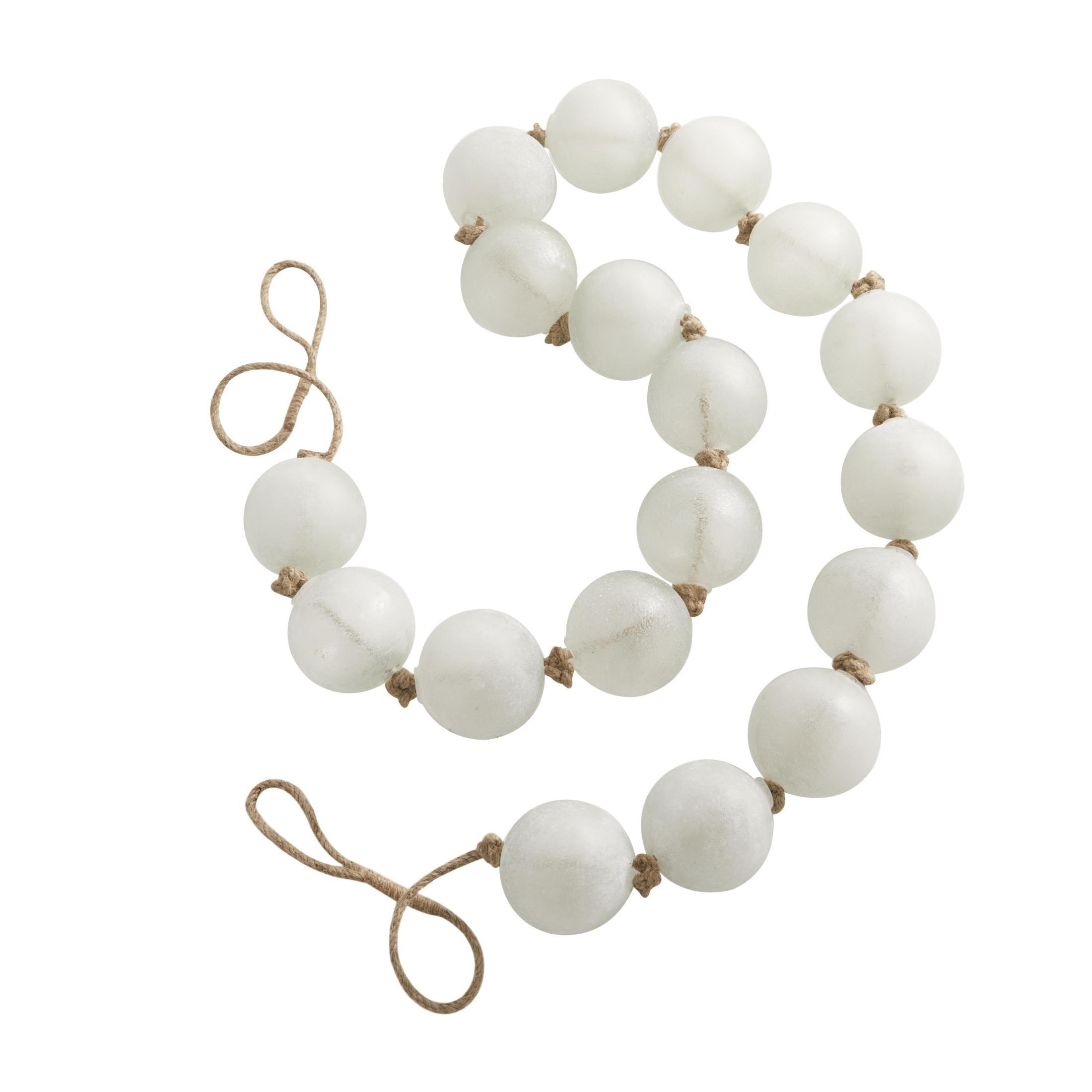 DecMode Handmade Round Extra Long Frosted Orb White Glass Garland with Tassel with Knotted Jute Rope