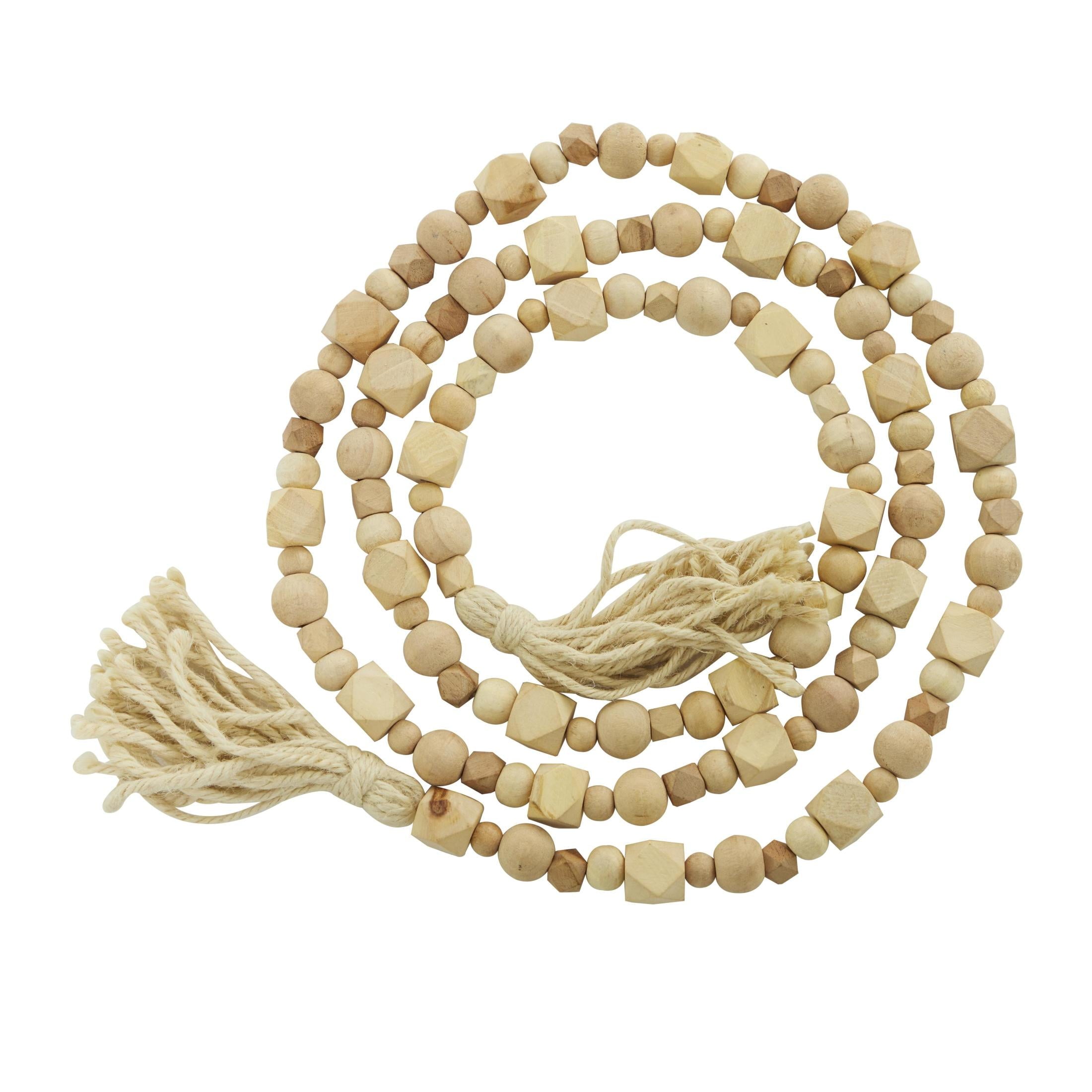 DecMode Green Wood Bohemian Garland Décor with Geometric Bead Details and Cream Cotton Tassel, 81"L