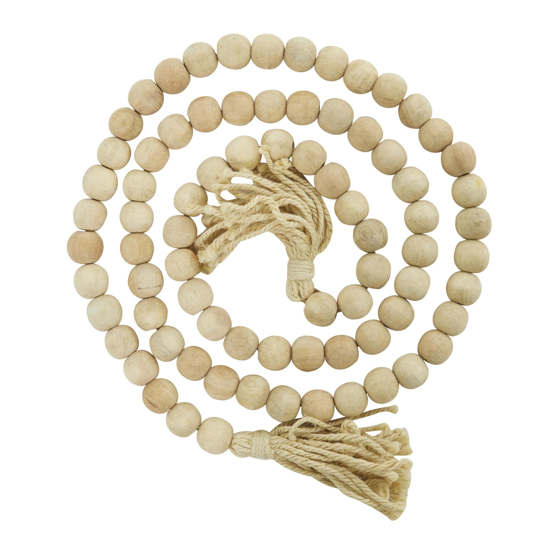 DecMode Green Wood Bohemian Garland Décor with Geometric Bead Details and Cream Cotton Tassel, 81"L