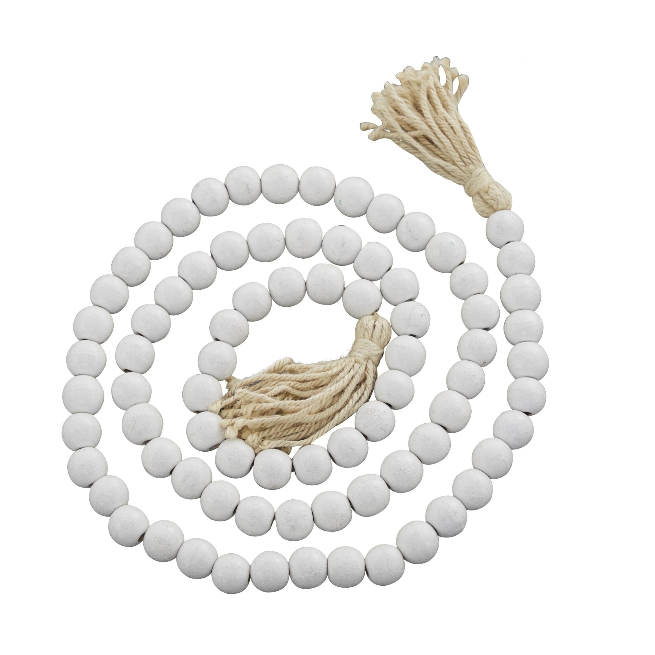 DecMode Green Wood Bohemian Garland Décor with Geometric Bead Details and Cream Cotton Tassel, 81"L