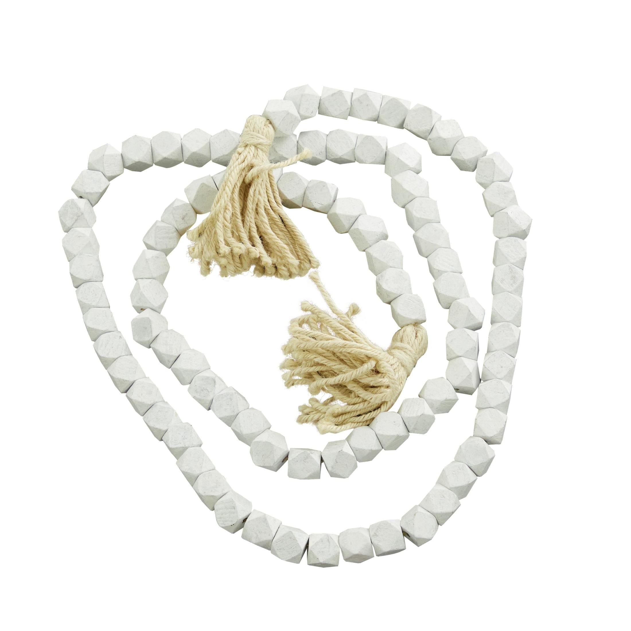 DecMode Green Wood Bohemian Garland Décor with Geometric Bead Details and Cream Cotton Tassel, 81"L