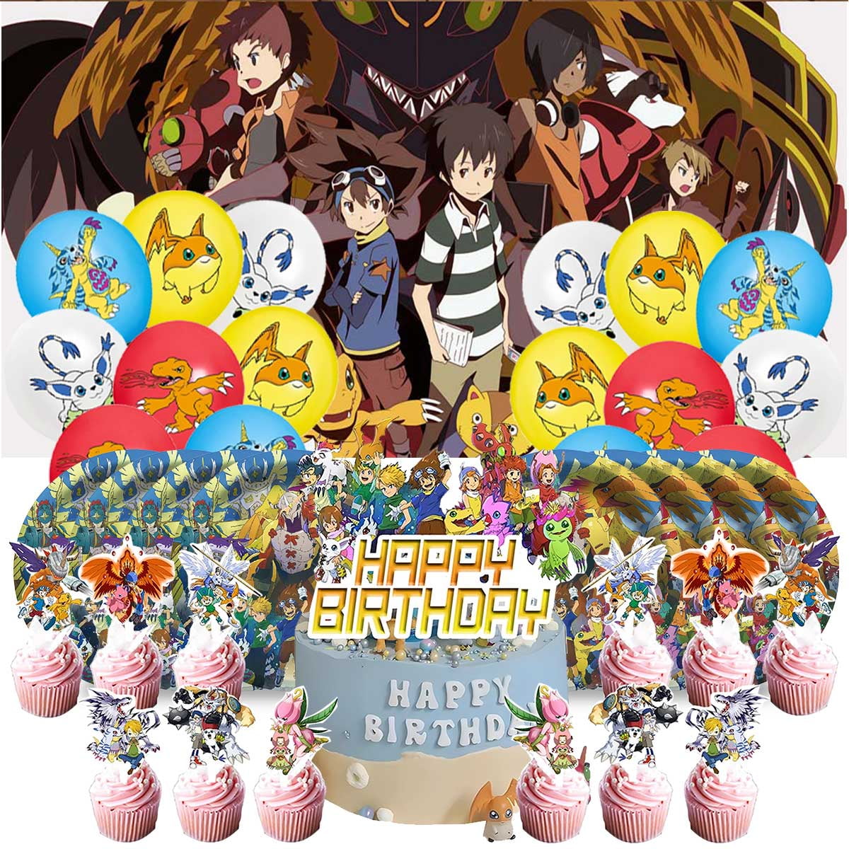 Digimon Monster Birthday Party Supplies Balloons Paper Plates Decoration Cake Topper Decor Tableware Banner Backdrop