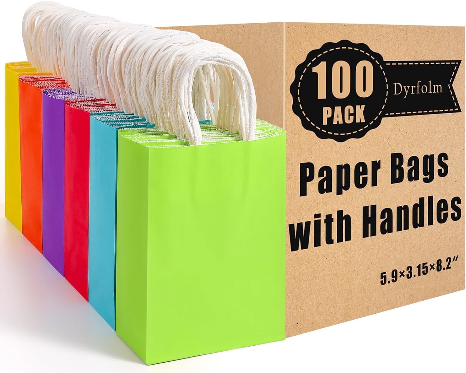 Dyrfolm 100 Pack Paper Gift Bags, Kraft Paper Party Favor Bags with Handles, Assorted Colors Gift bags with Handles, Small Goodie Bags for Kids Birthday Wedding Parties (6 Colors, 5.9"3.15"8.2")