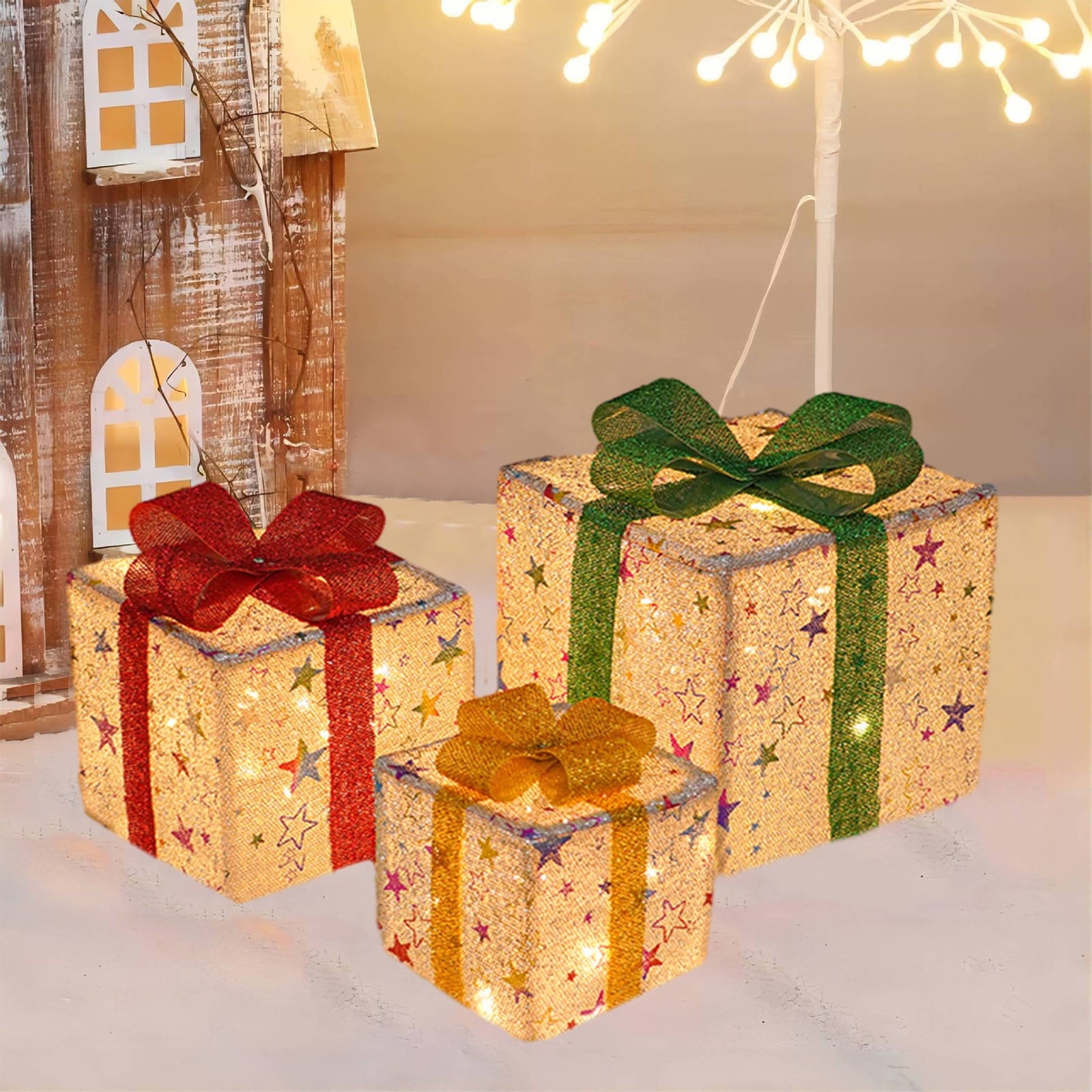 EGNMCR Set of 3 Lighted Gift Boxes Christmas Decorations, LED Pre-Lit Light up Present Boxes, Xmas Tree Decorations Gift Box for Indoor Outdoor Yard Holiday Birthday Party Decorations, Multicolor