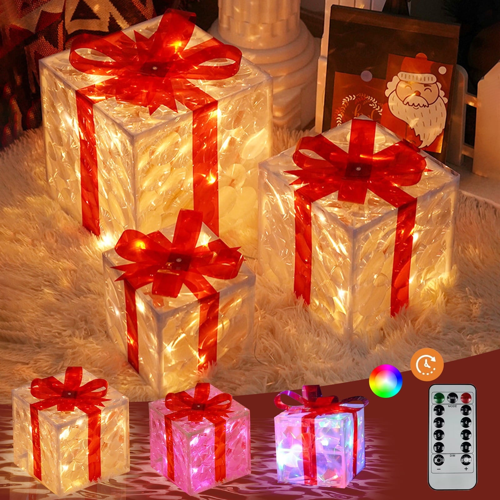 EGNMCR Set of 3 Lighted Gift Boxes Christmas Decorations, LED Pre-Lit Light up Present Boxes, Xmas Tree Decorations Gift Box for Indoor Outdoor Yard Holiday Birthday Party Decorations, Multicolor